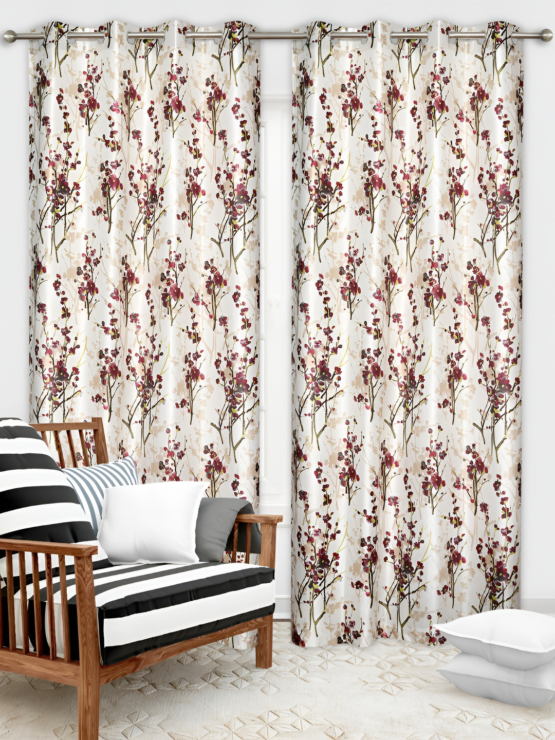 REYANSH DECOR Maroon & Off White 2 Pieces Floral Long Door Curtains