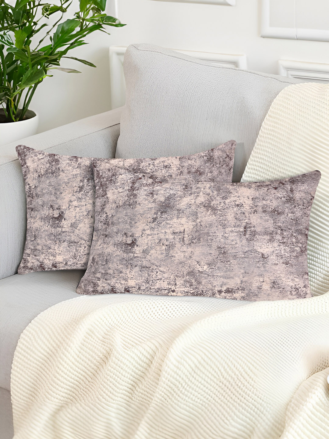 Tesmare Beige Abstract Velvet Ultra Soft 2 Piece Rectangle Cushion Covers - 12 x 20 Inches
