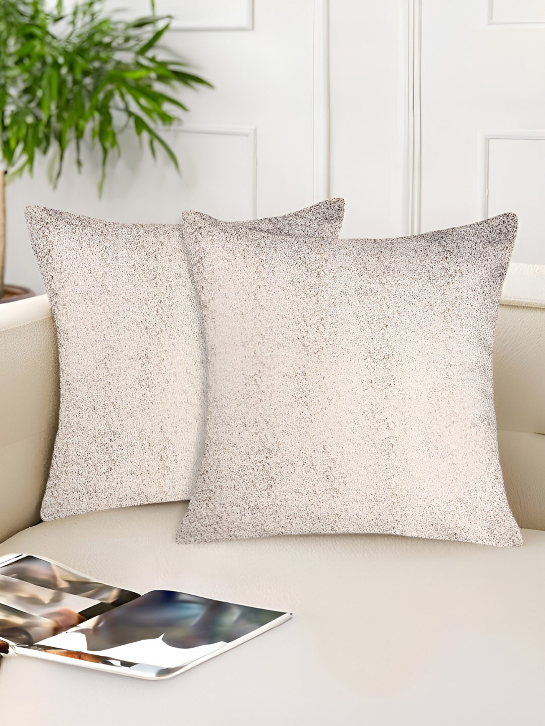 Tesmare Beige & Silver Soned 2 Pieces Velvet Square Cushion Covers