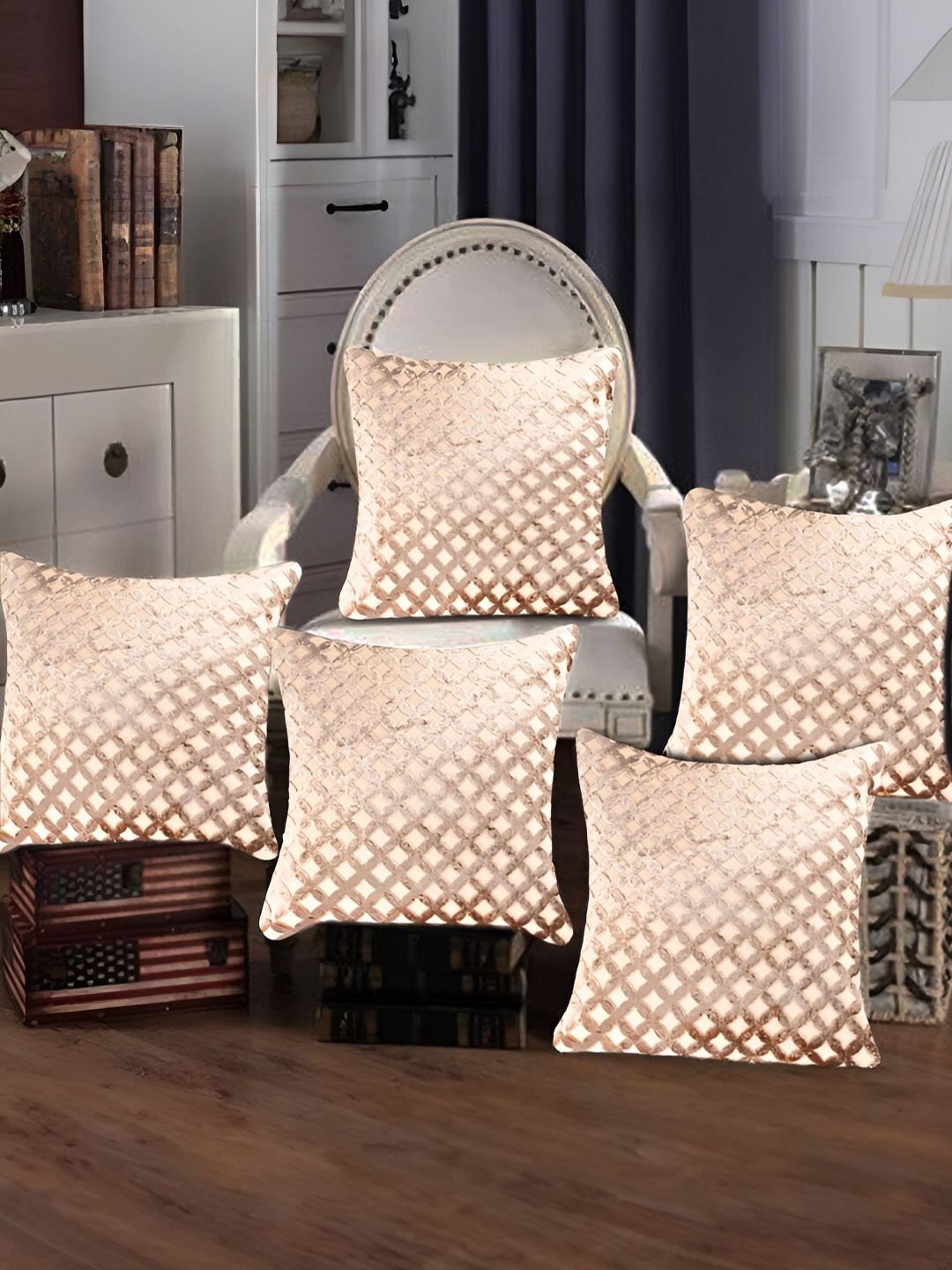 Tesmare Damask Print Geometric Velvet Durable 5 Pcs Textured Cushion Covers -16x16In