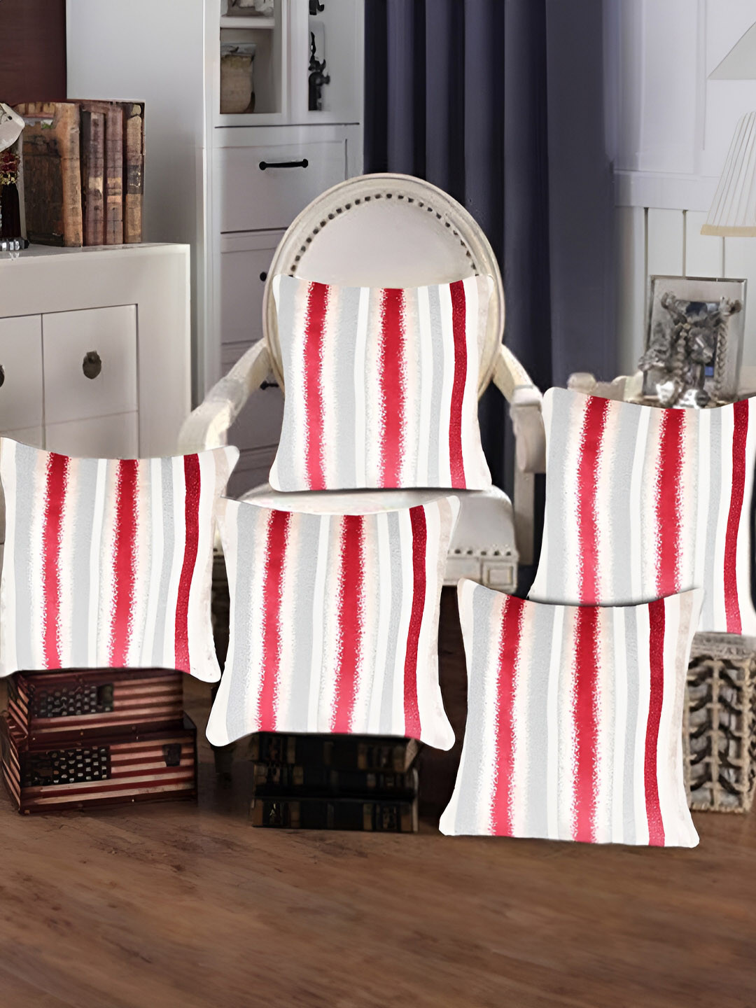 Tesmare Cream Striped Velvet Durable 5 Piece Square Cushion Covers - 15.7 x 15.7 Inches