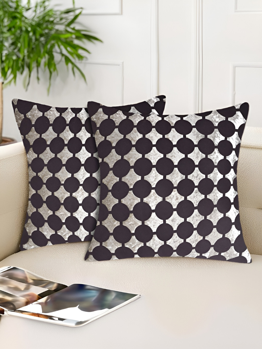 Tesmare Applique Brown Geometric Polyester Silk Washable 2 Pcs Cushion Covers -24x24In