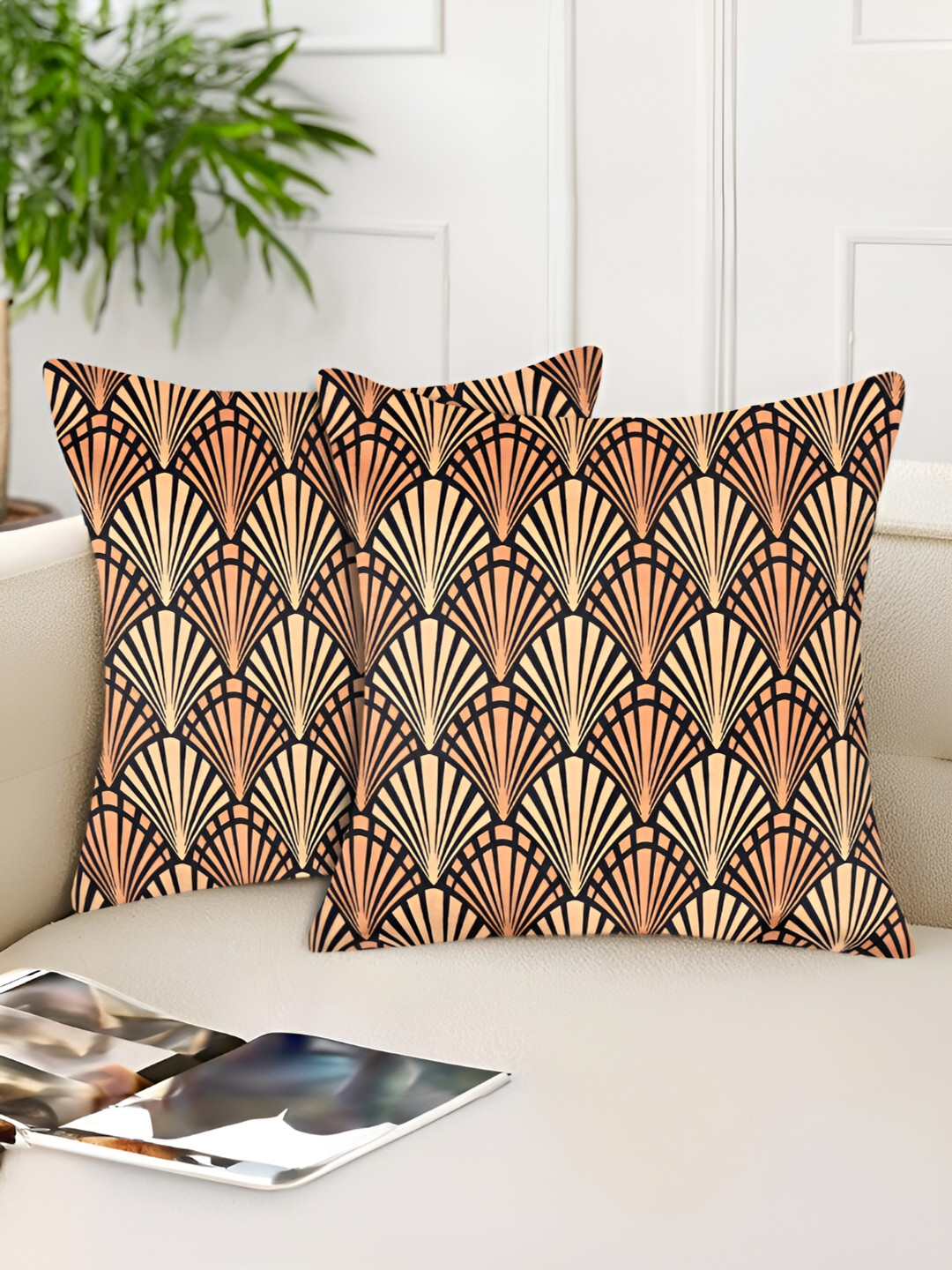 Tesmare Mustard & Black 2Pcs Ethnic Motifs Velvet Square Cushion Covers