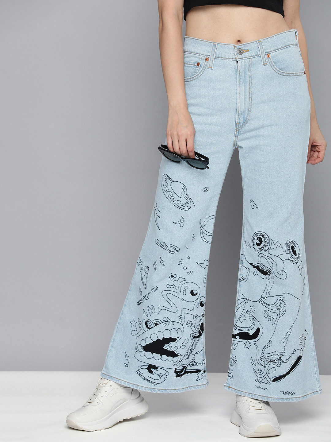 Levis Women Ribcage Bell Bootcut High-Rise Light Fade Embroidered Stretchable Jeans