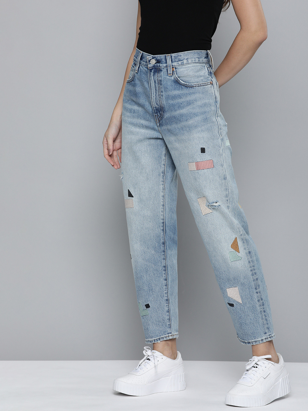 Levis Women Pure Cotton Embroidered Slim Fit Mid Rise Low Distress Heavy Fade Jeans