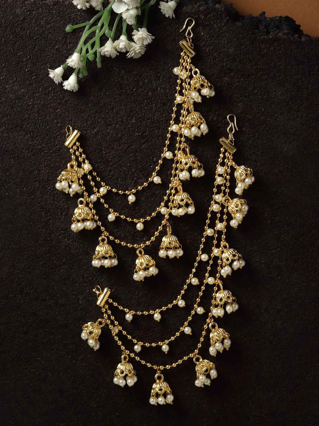 Sanjog Gold-Plated Pearls Studded Classic Layered Ear Chain Ear Cuff 9 Jhumki Jhumka Earring