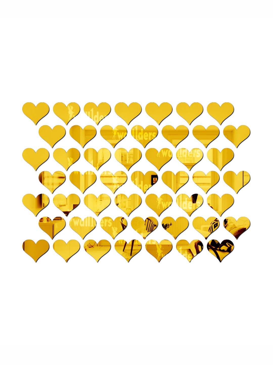 Wall1ders Yellow & Brown 50 Pieces Heart Shape Self Adhesive Mirror Wall Stickers