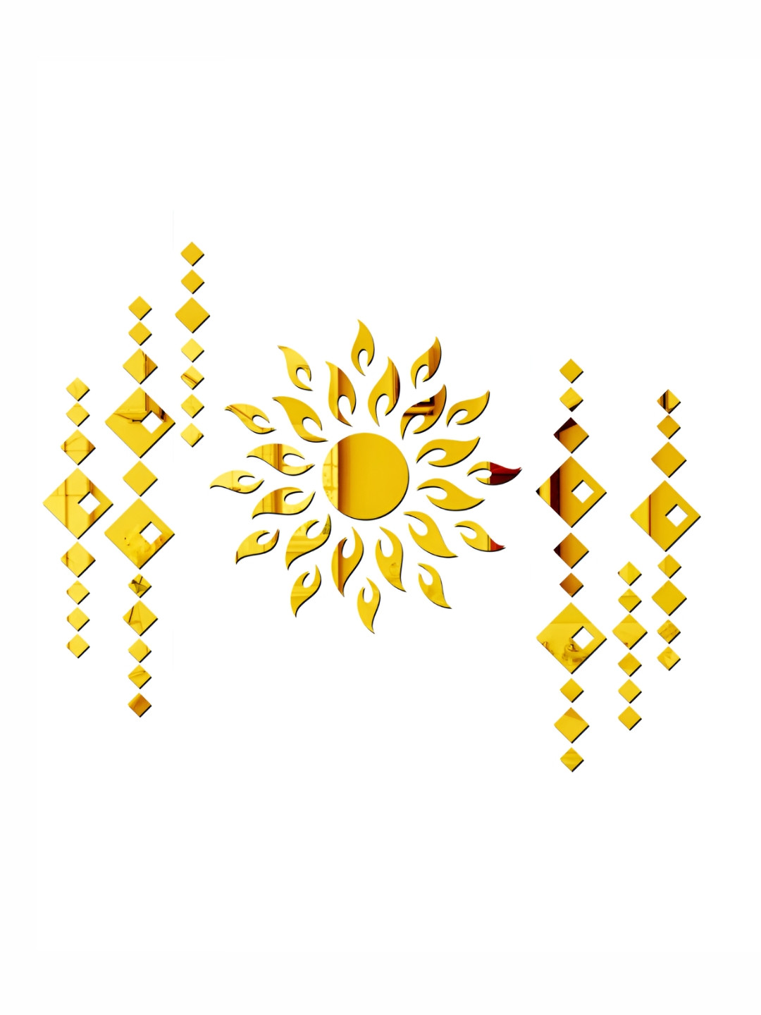 Wall1ders Gold Toned 75 Pcs Sun With Diamond Shape Self Adhesive Mirror Wall Stickers