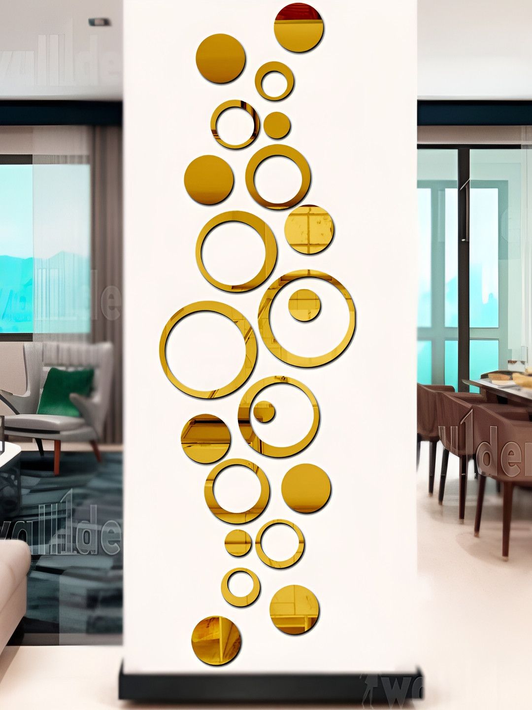 Wall1ders Gold Toned 24 Pieces Self Adhesive Round & Ring Mirror Wall Stickers