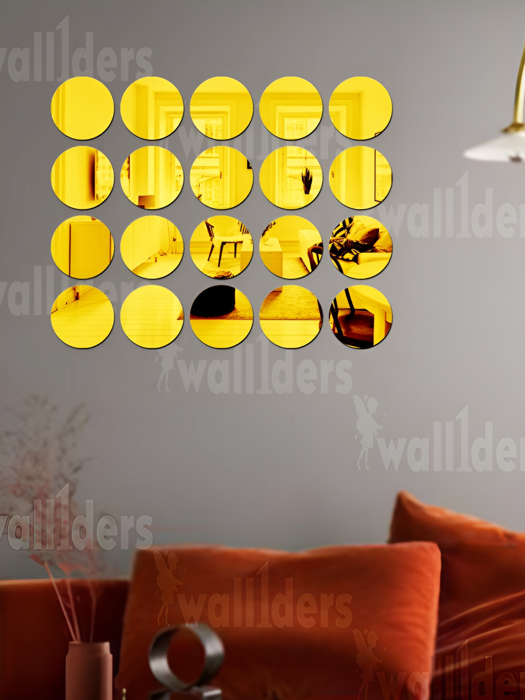 Wall1ders Gold Toned & Brown 20 Pcs Round Self Adhesive Mirror Wall Stickers