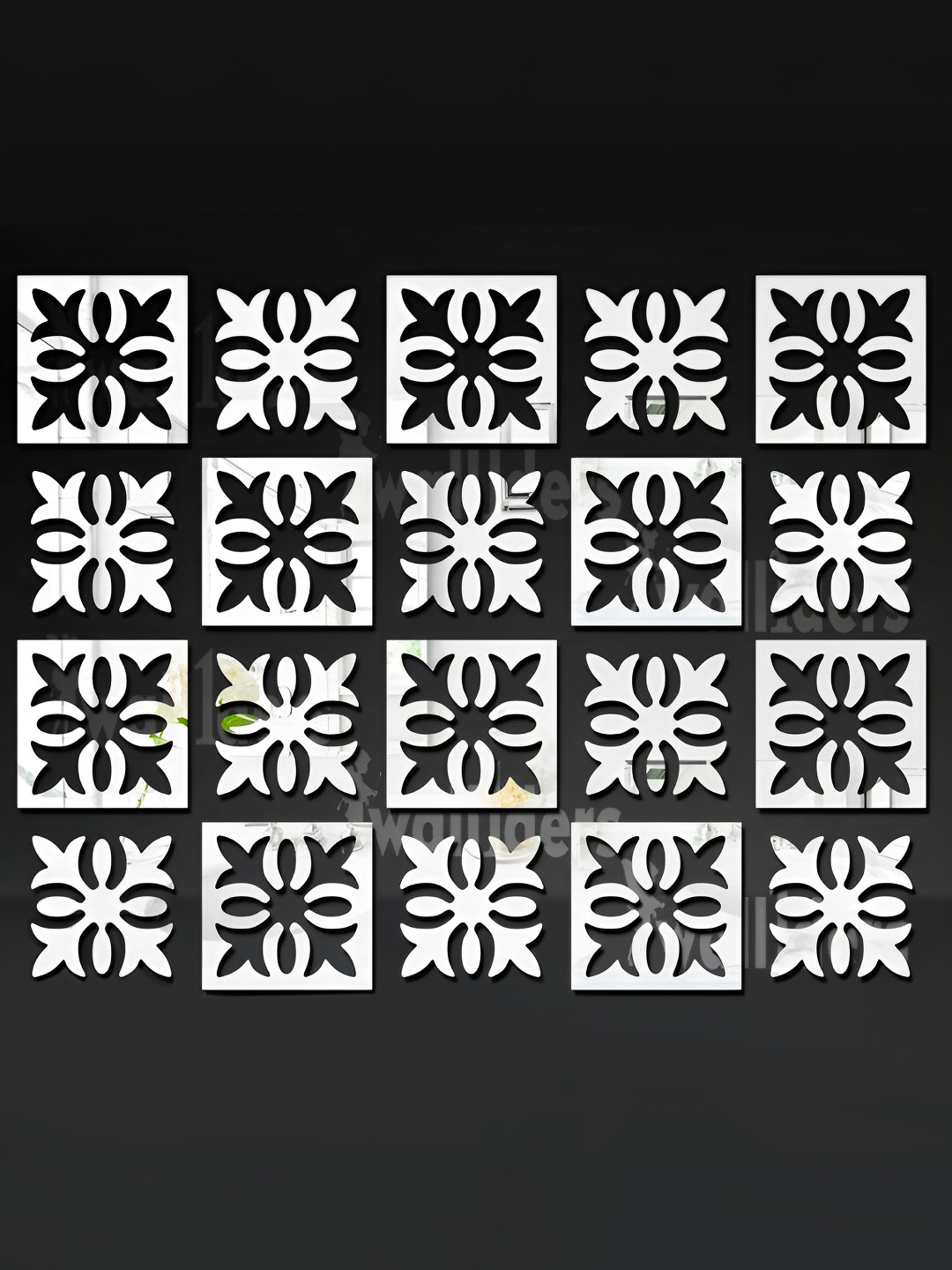 Wall1ders Silver Toned 24-Pcs Floral Square Self-Adhesive Mirror Wall Stickers