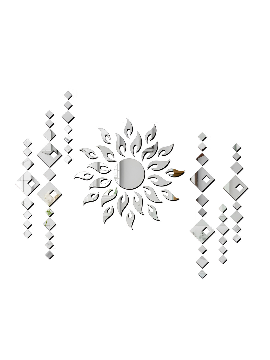 Wall1ders Siver Toned 75 Pcs Sun With Diamond Shape Self Adhesive Mirror Wall Stickers