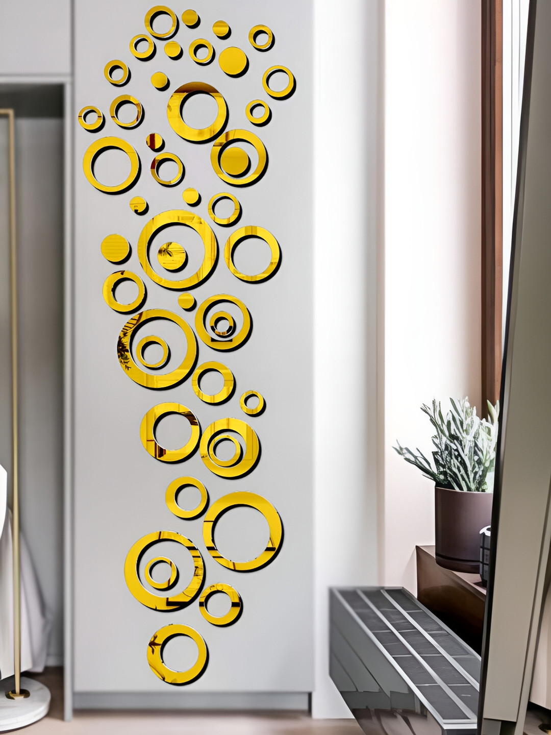 Wall1ders Gold Toned & Brown 40 Pieces Ring Shape SelfAdhesive Mirror Wall Stickers