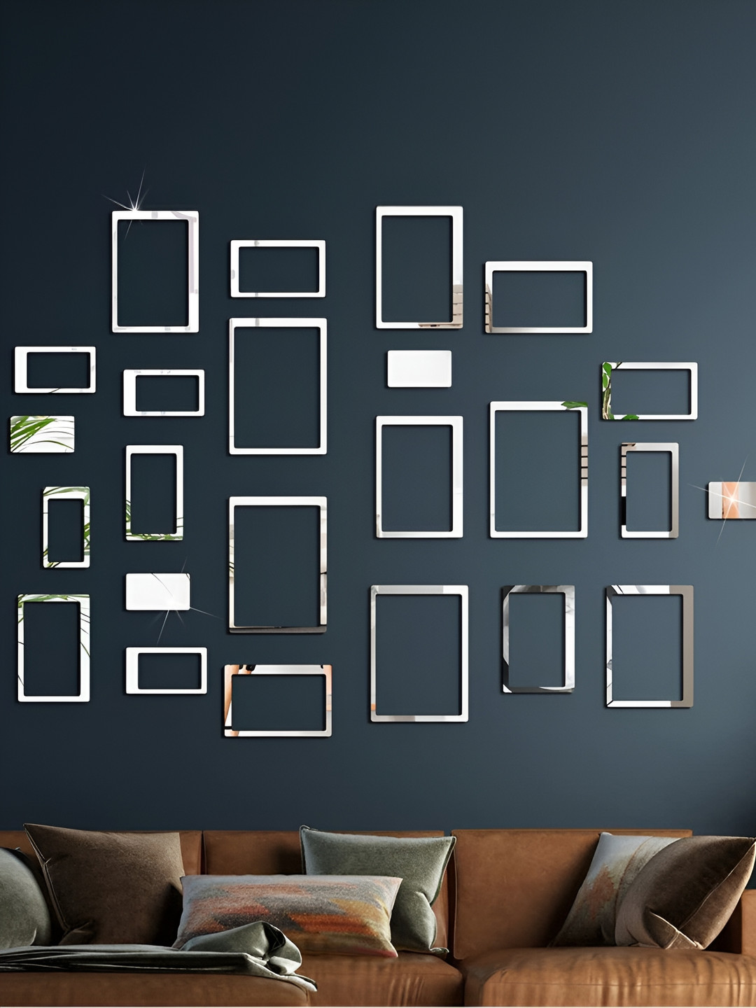 Wall1ders Silver Toned 24 Pcs Hollow Rectangle Self-Adhesive Mirror Wall Stickers