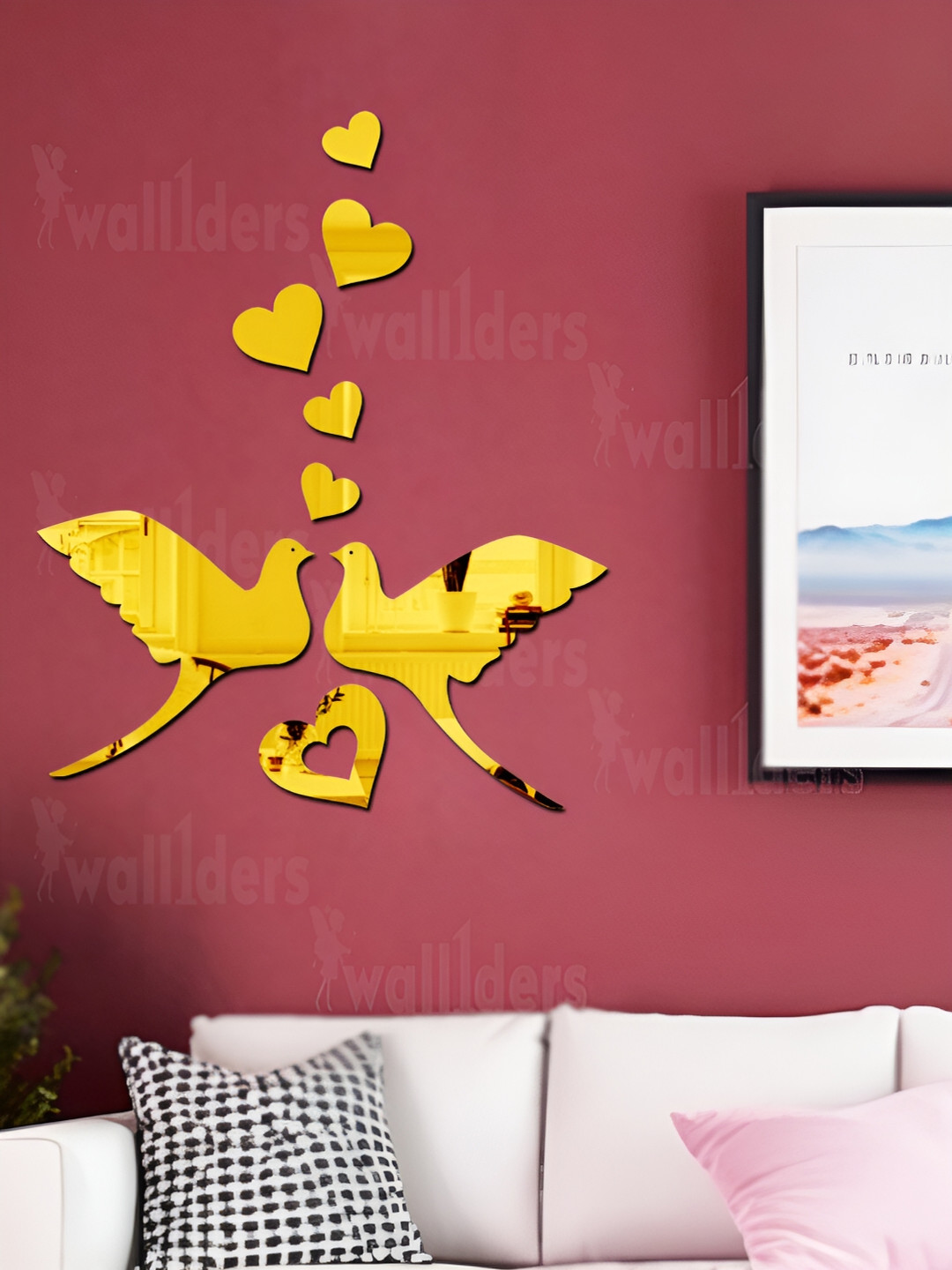 Wall1ders Gold Toned 7 Pieces Flying Bird Shape Self Adhesive Mirror Wall Stickers