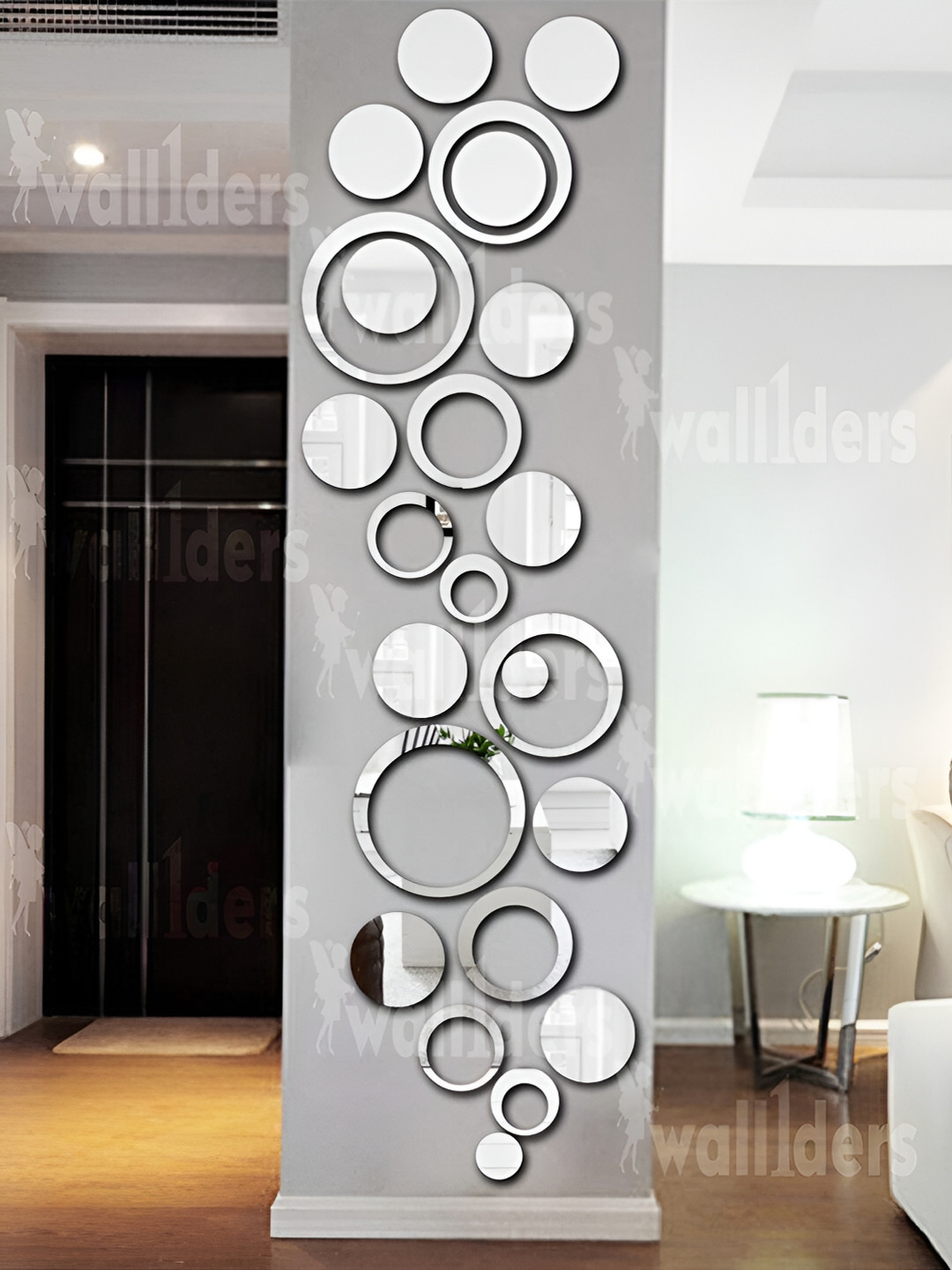 Wall1ders Siver Toned 24 Pieces Circle & Ring Shape Self Adhesive Mirror Wall Stickers