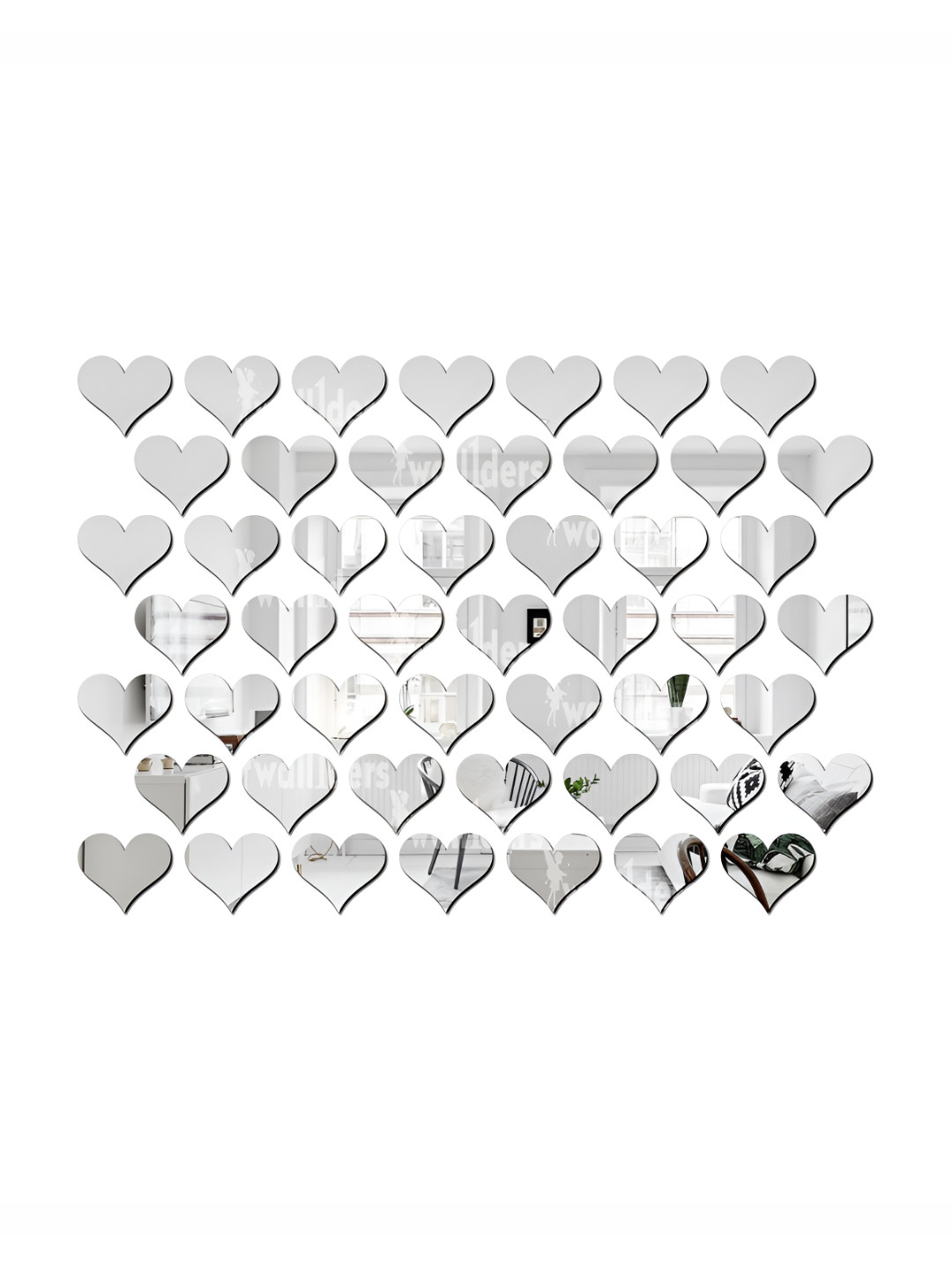 Wall1ders Siver Toned 50 Pieces Heart Shape Self Adhesive Mirror Wall Stickers