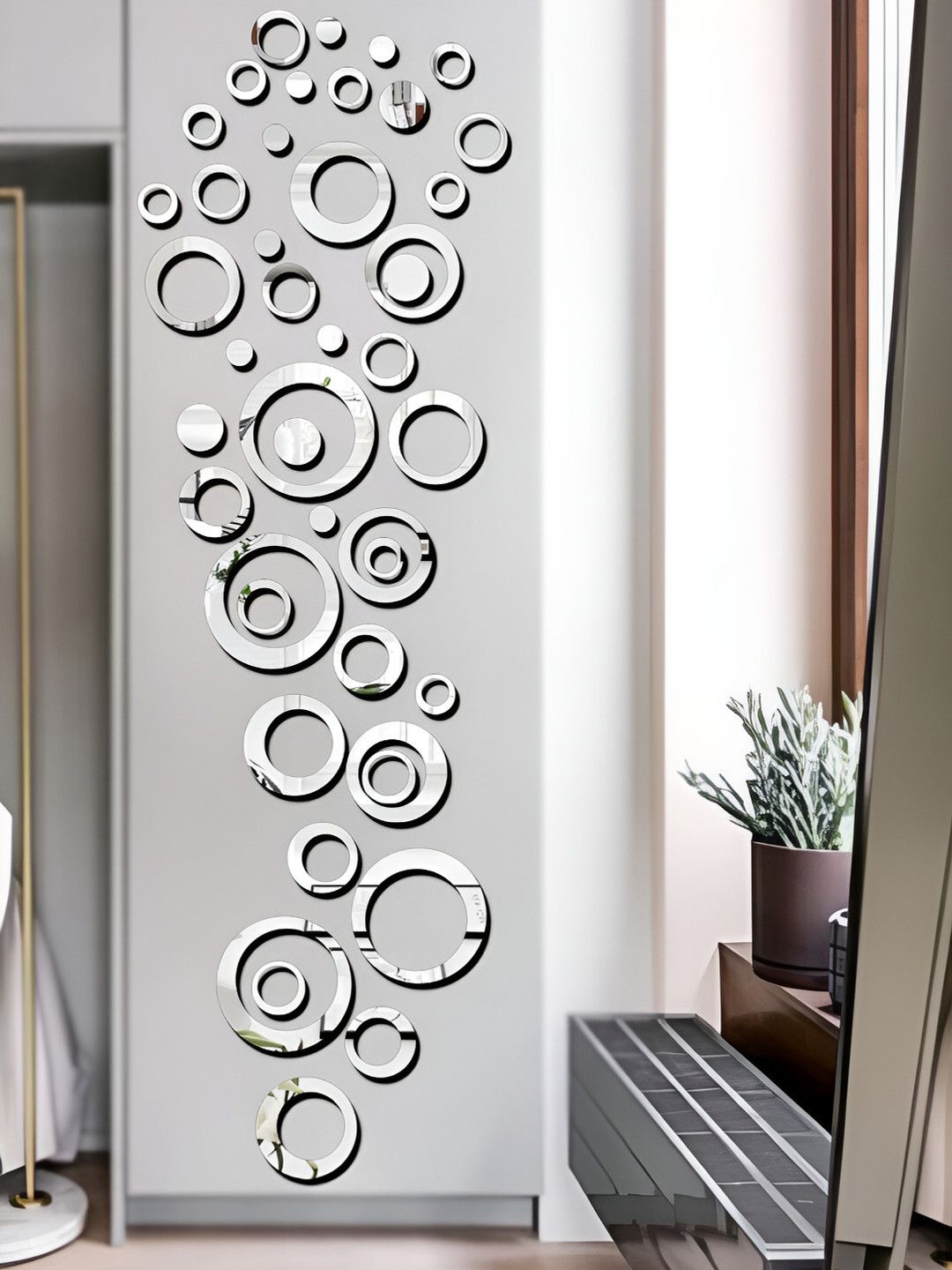 Wall1ders Siver Toned 40 Pieces Ring Shape Self Adhesive Mirror Wall Stickers