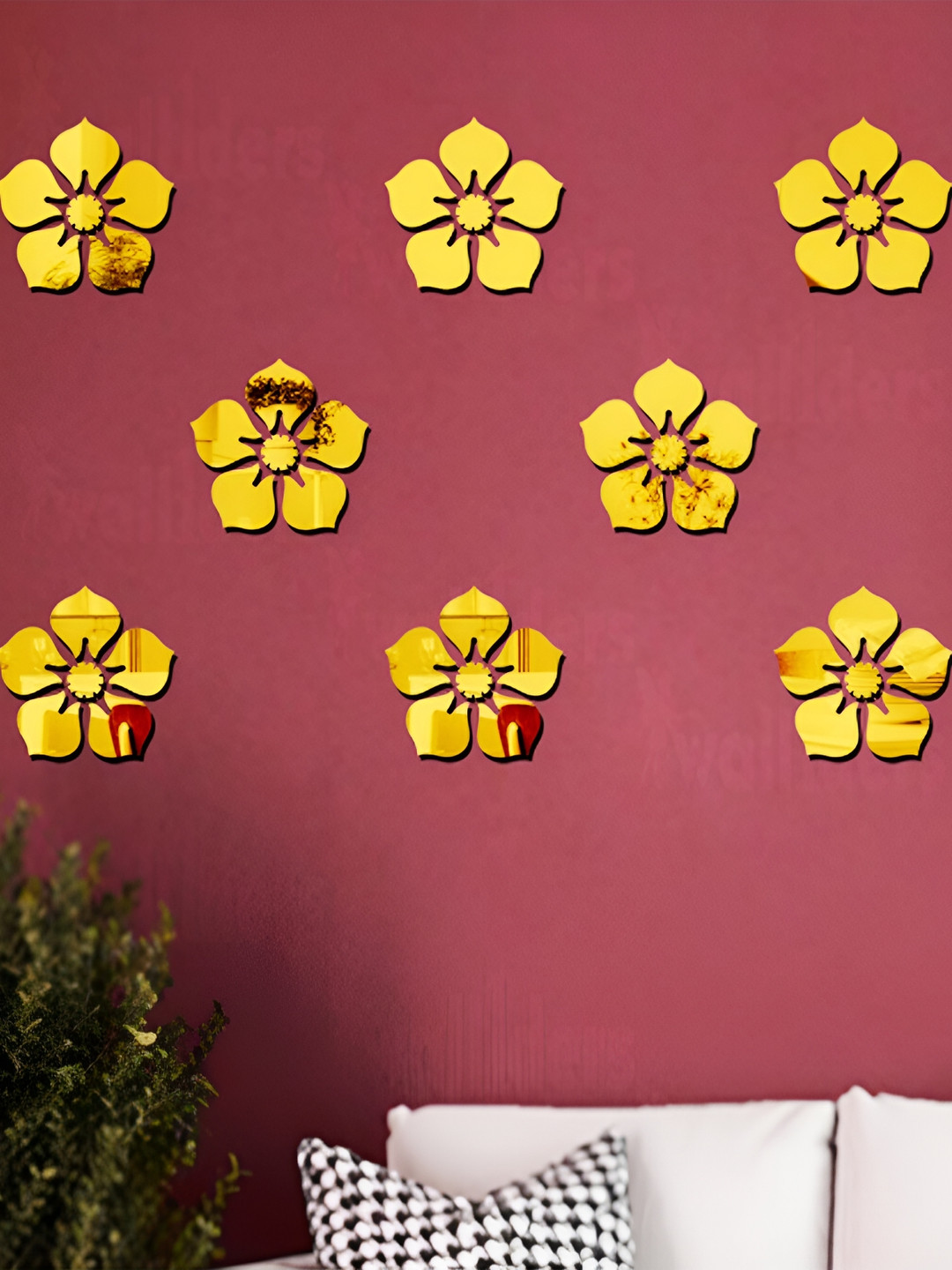 Wall1ders Gold Toned 40 Pcs Flower Shape Self Adhesive Mirror Wall Stickers