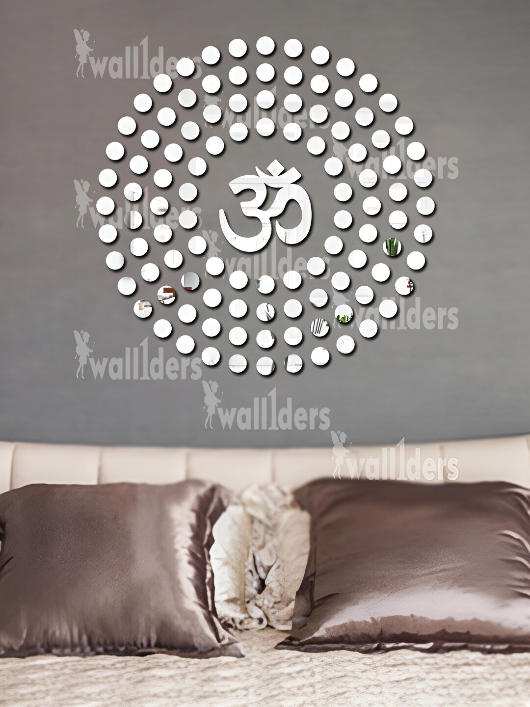 Wall1ders Siver Toned 101 Pieces Om With Dots Shape Self Adhesive Mirror Wall Stickers