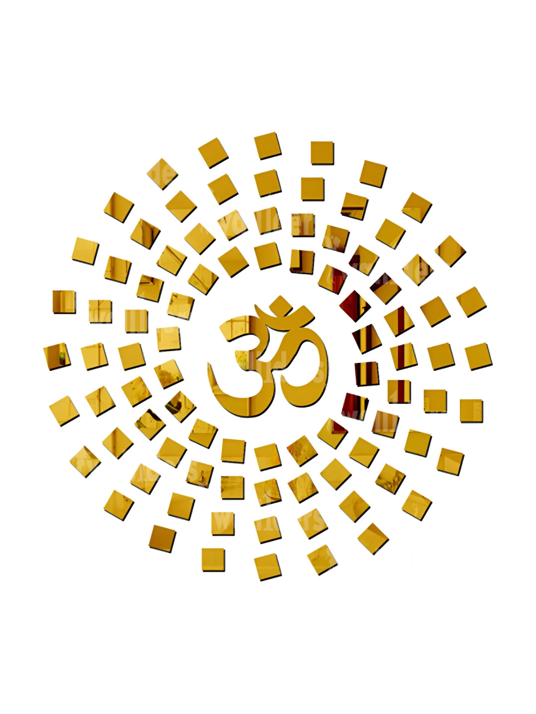 Wall1ders Gold Toned Om with 100 Square Shape Self-Adhesive Mirror Wall Stickers