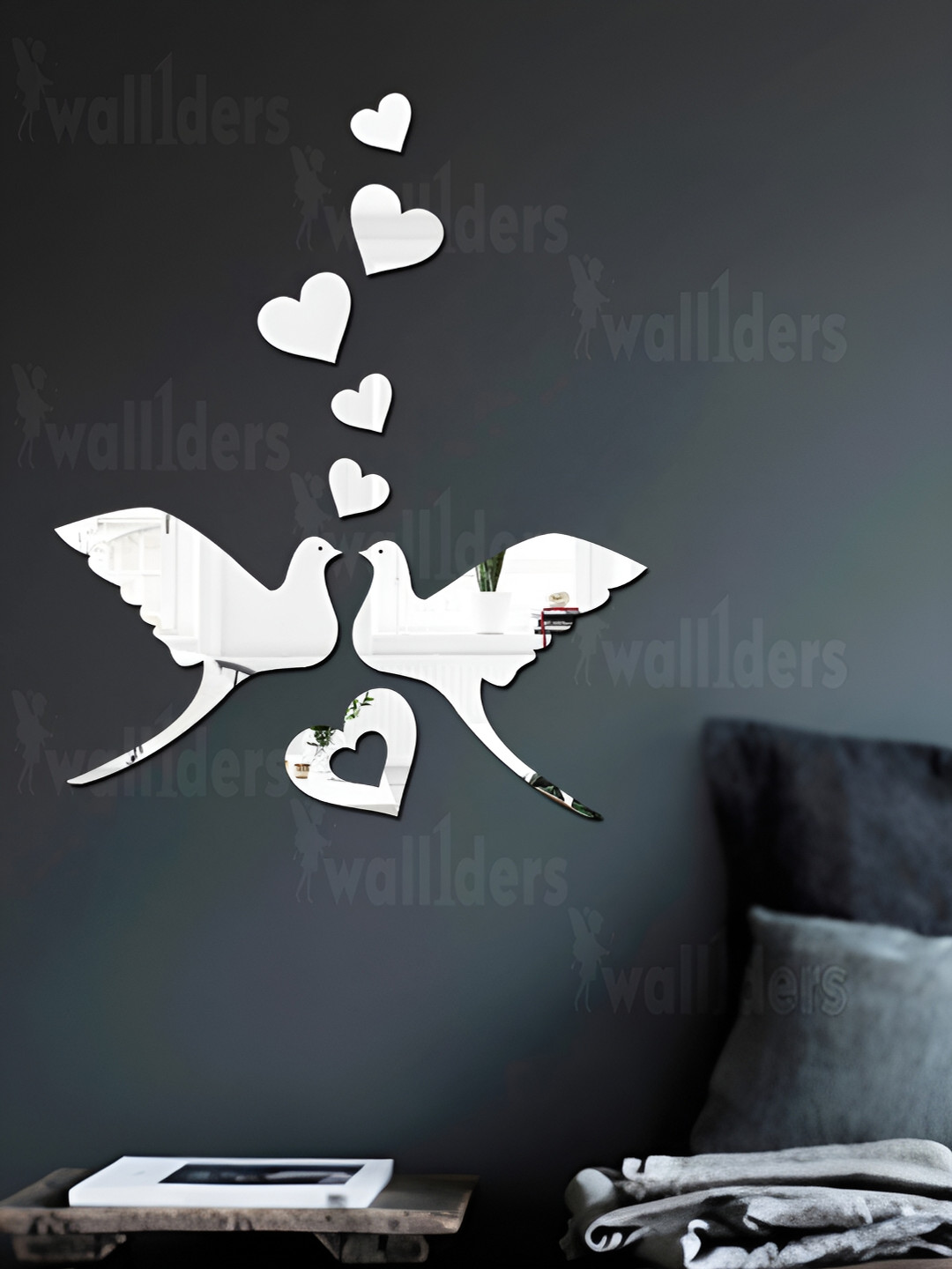 Wall1ders 7 Pieces Grey & White Flying Bird Shape Self Adhesive Mirror Wall Stickers
