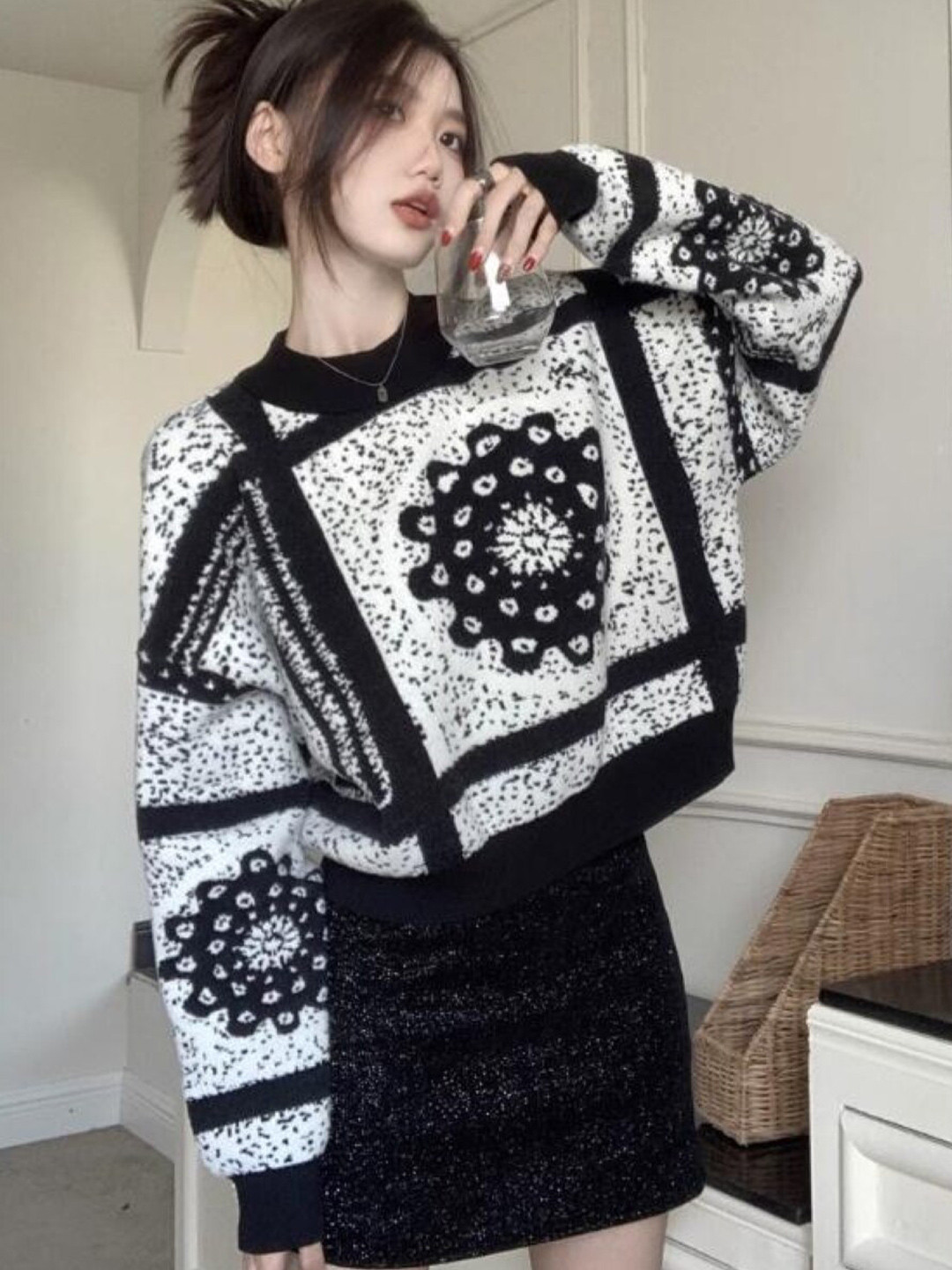 StyleCast Teen Girls White & Black Geometric Printed Flared Sleeves Top