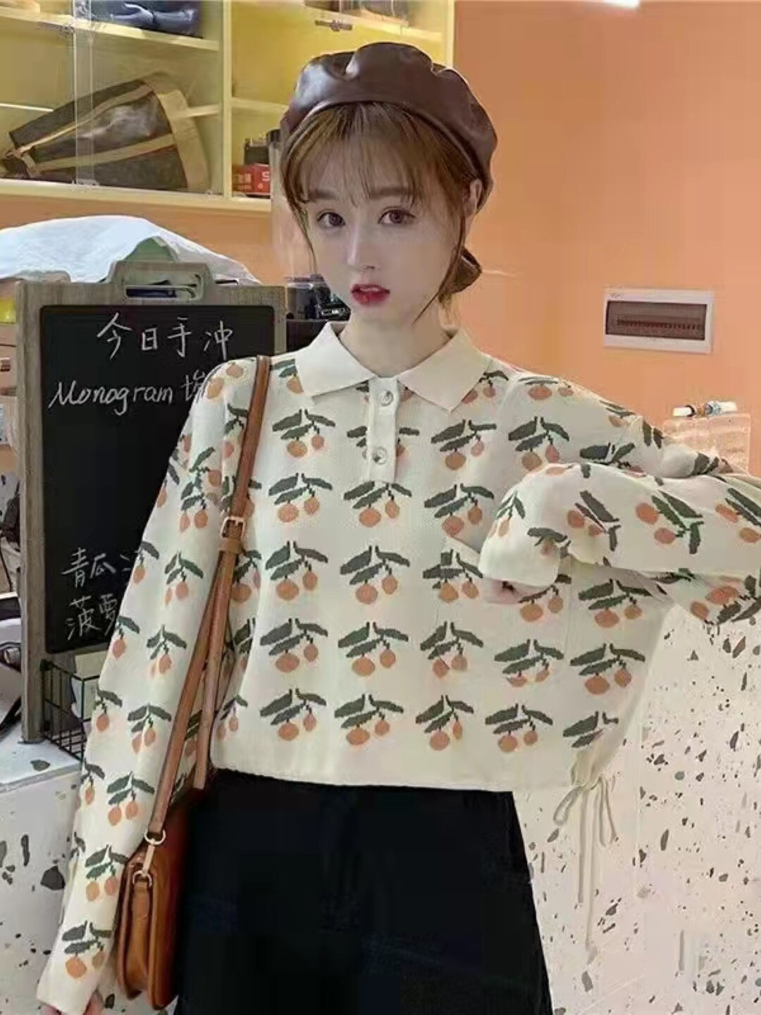 StyleCast Girls Cream-Coloured Floral Printed Polo Collar Long Sleeves Crop T-shirt