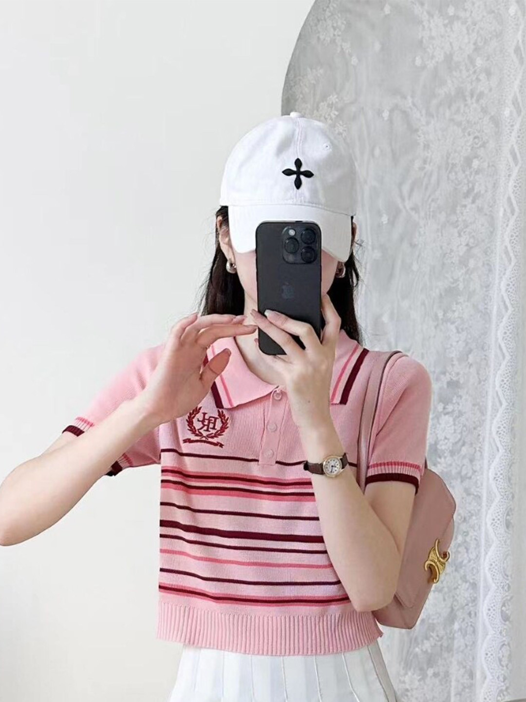 StyleCast Girls Pink Striped Polo Collar Short Sleeves Crop T-shirt