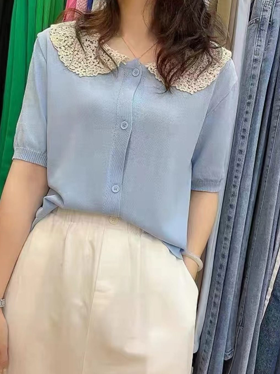 StyleCast Girls Blue Peter Pan Collar Short Sleeves Shirt Style Top