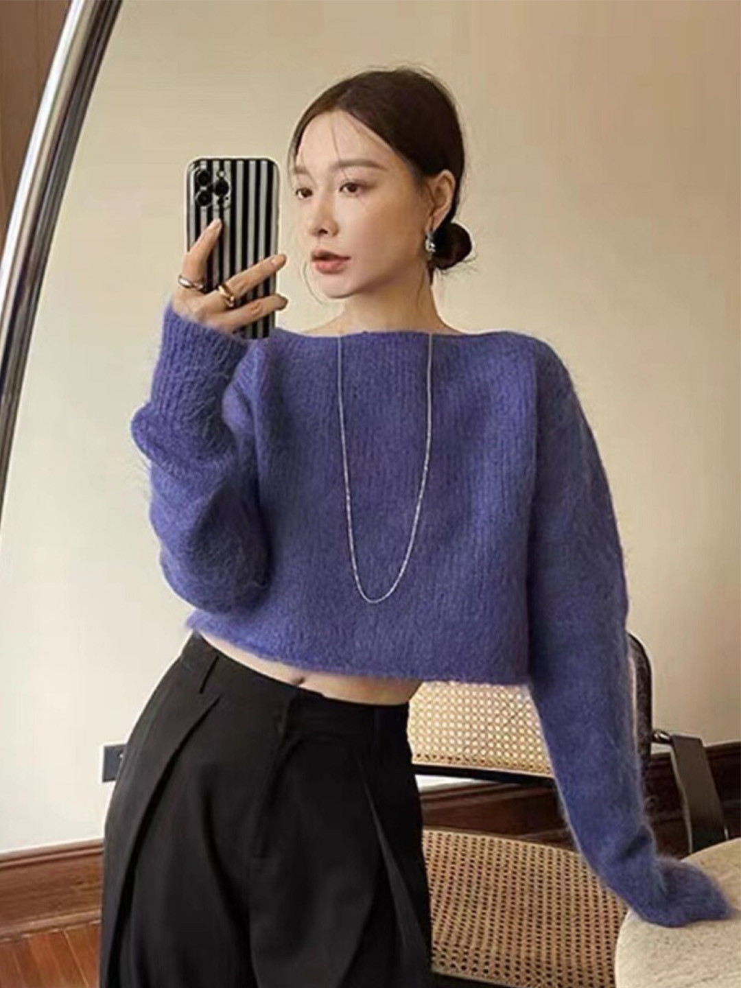 StyleCast Girls Purple Self Design Boat Neck Crop Top