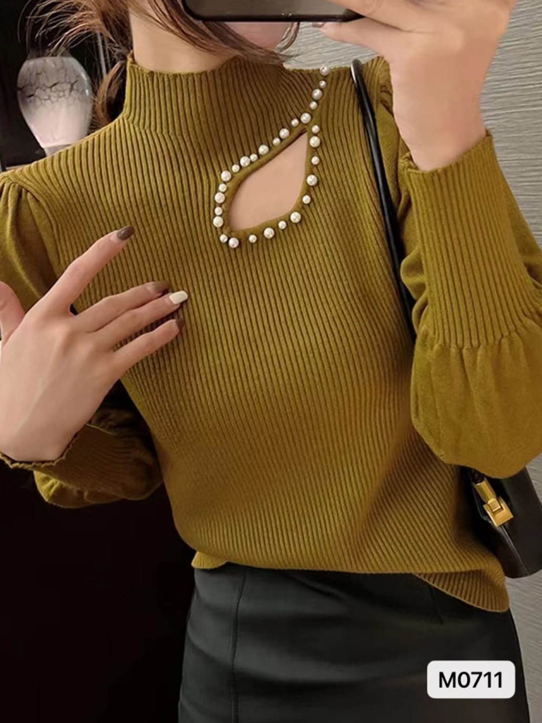 StyleCast Girls Khaki Embellished High Neck Cut-Out Detail Knitted Top