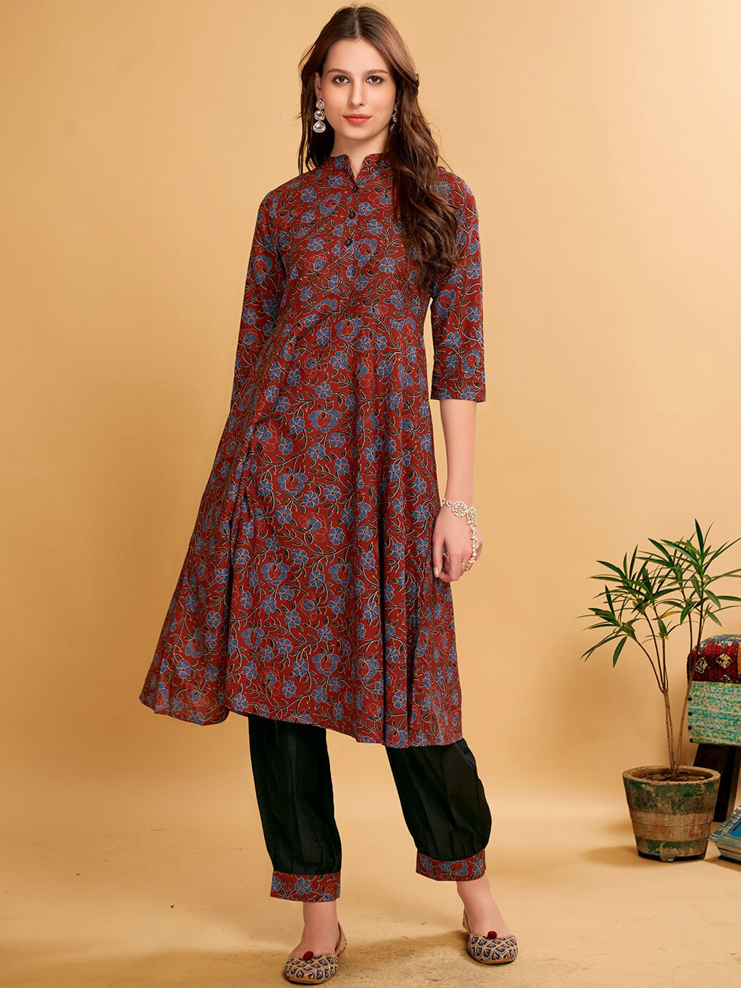 Anouk Maroon Floral Printed Mandarin Collar Anarkali Pure Cotton Kurta with Harem Pants