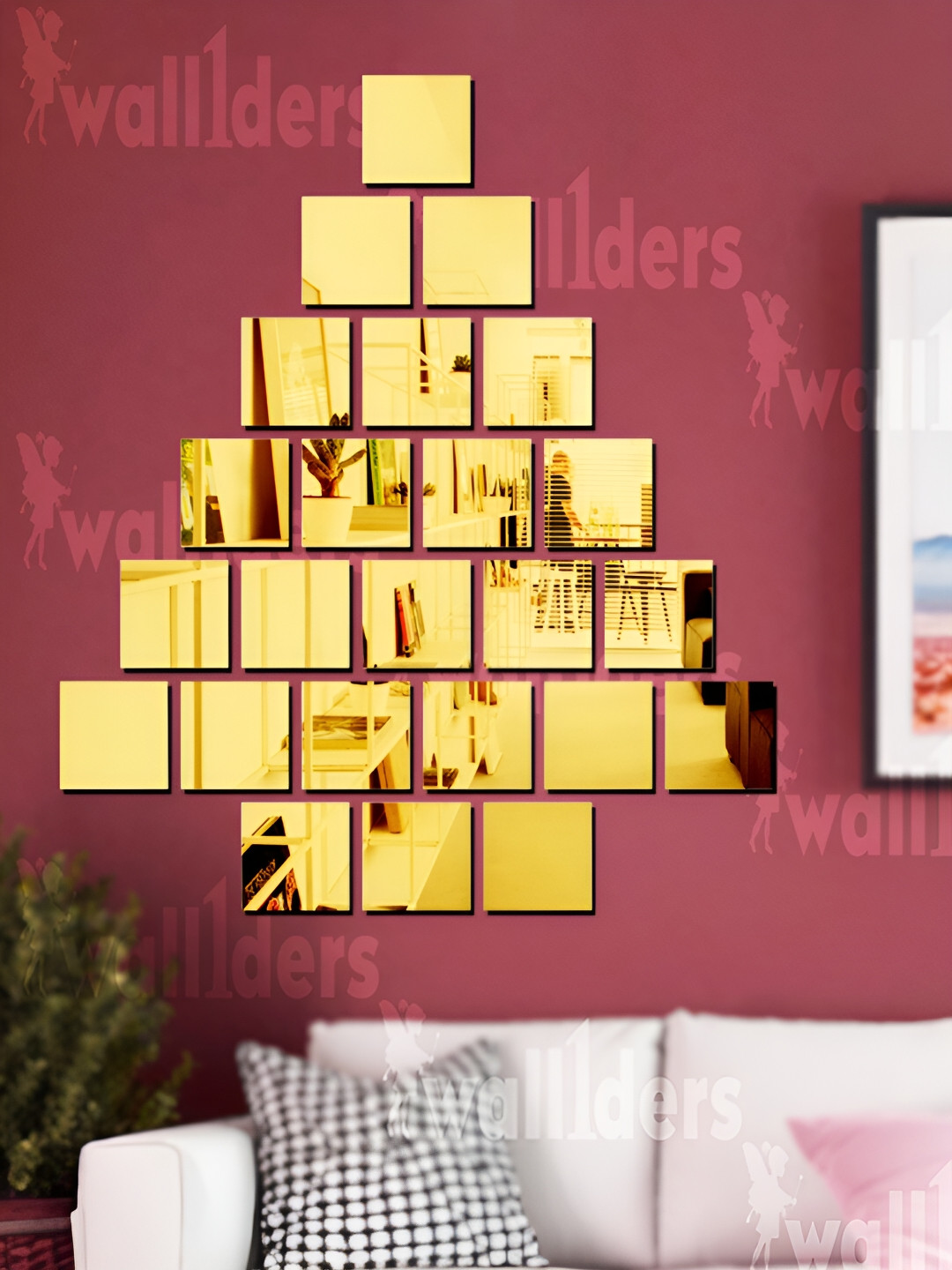 Wall1ders Gold Toned  40-Pcs Square Self-Adhesive Mirror Wall Stickers
