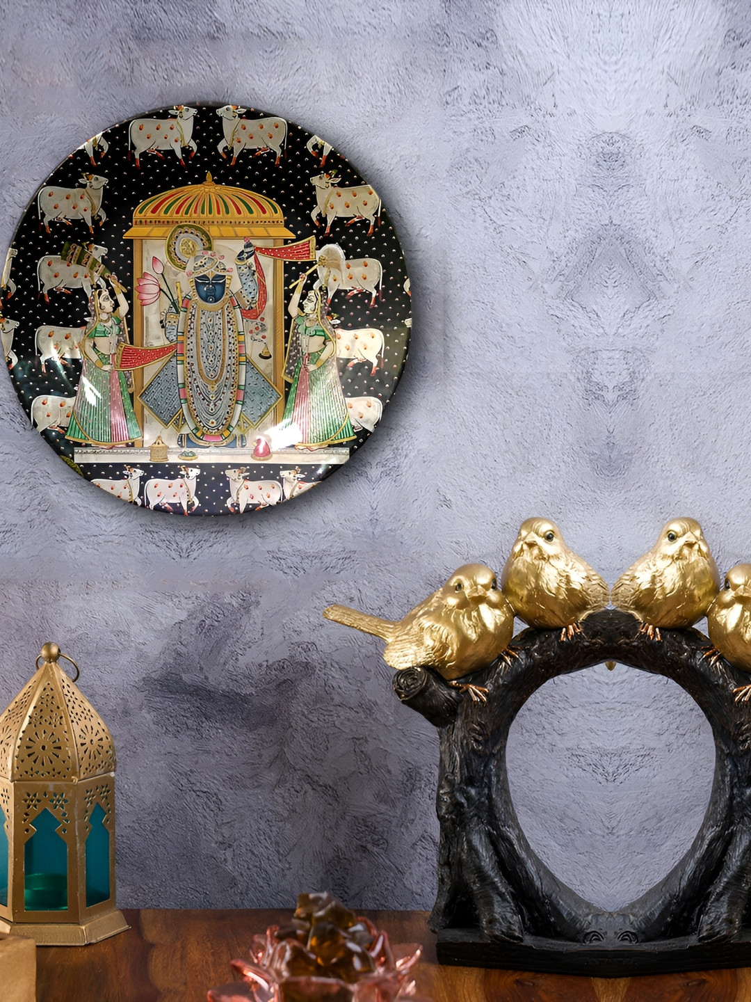 JIKRAA Pichwaiart Ceramic Ethnic Motifs Glossy Hanging Hall Wall Plates-7.9In