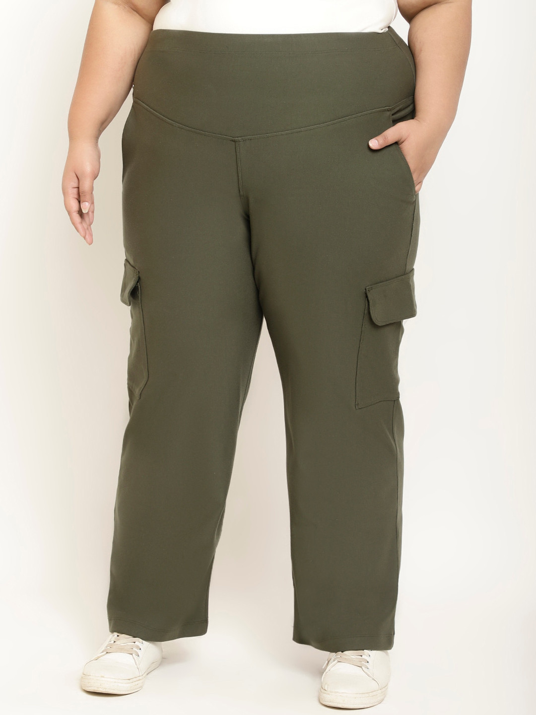 Amydus Women Plus Size High Rise Plain Cargos Trousers