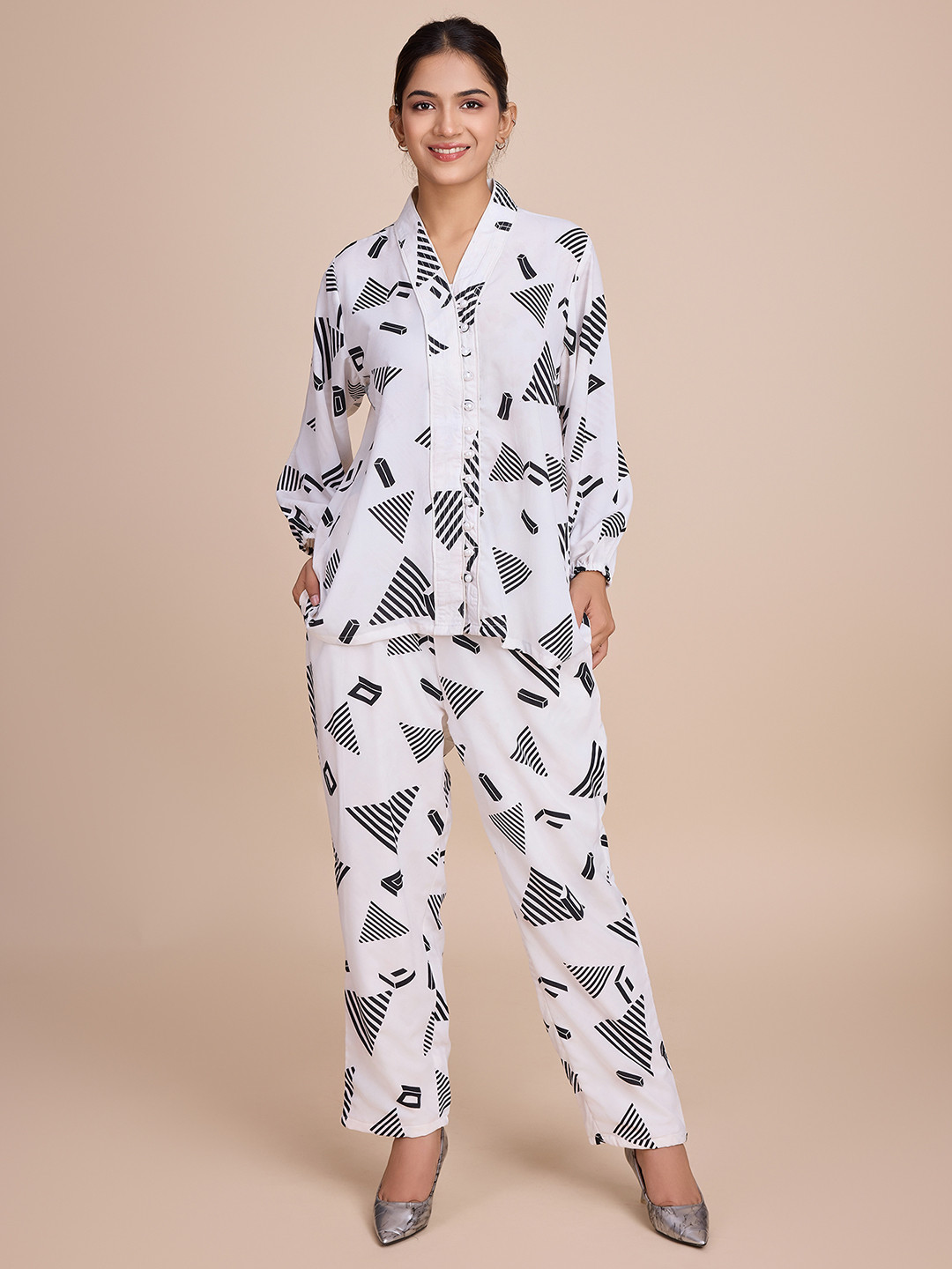 HOUSE OF MIRA Geometric Printed Shawl Neck Shirt With Trouser