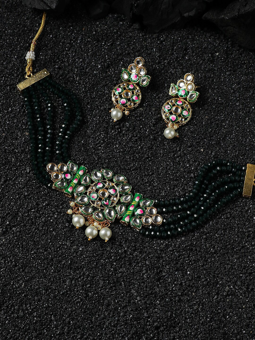 Anouk Gold Plated Kandan Studded & Beaded Jewellery Set