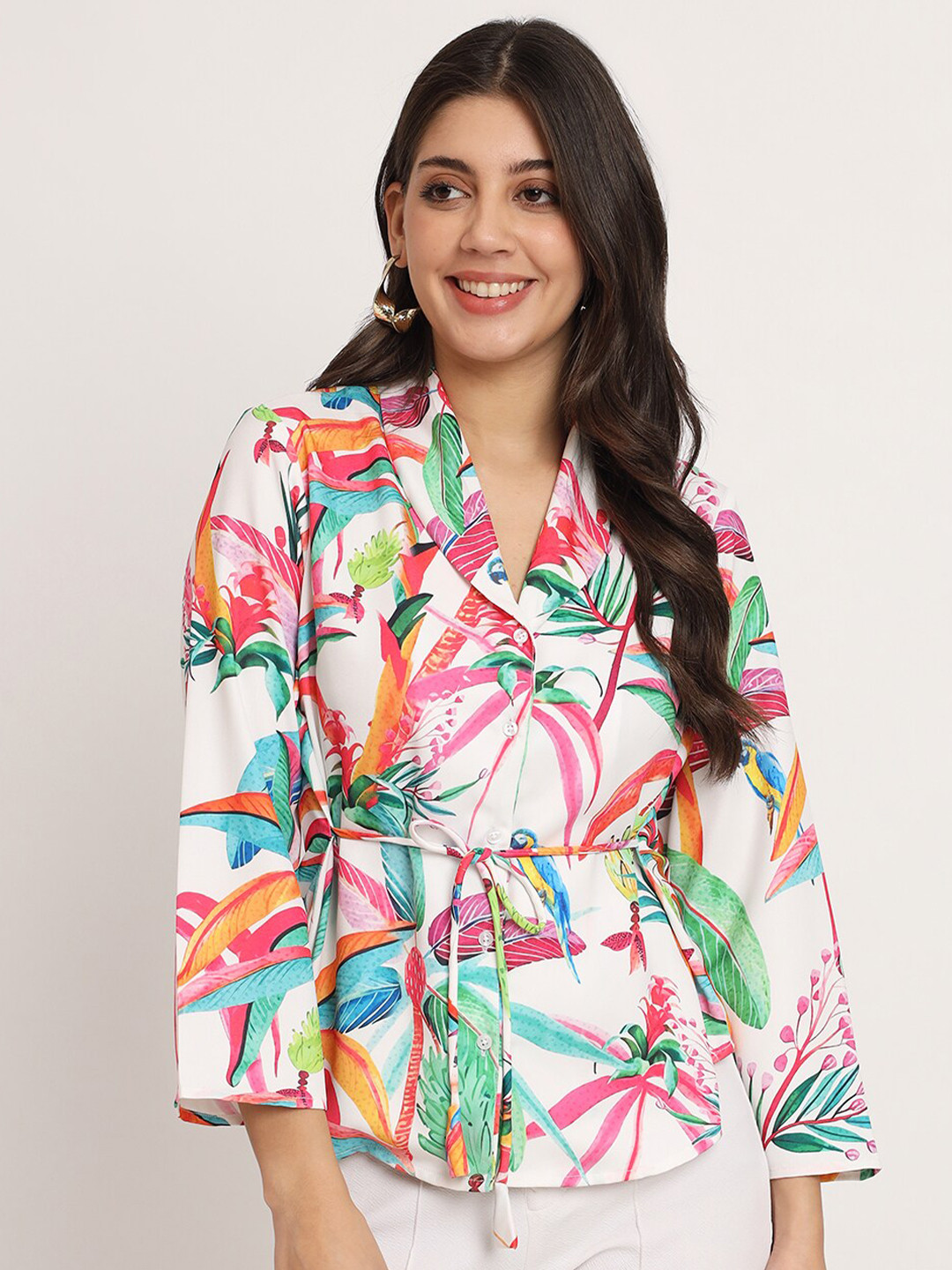 angloindu Tropical Print Shawl Collar Waist Tie-Ups Shirt Style Top