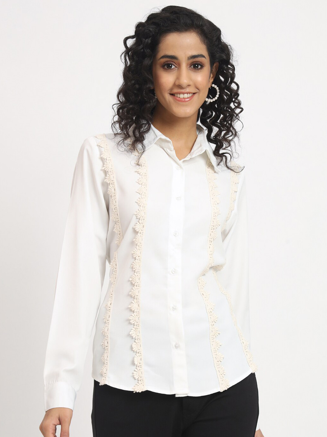 angloindu Spread Collar Long Sleeves Lace-Inserts Casual Shirt