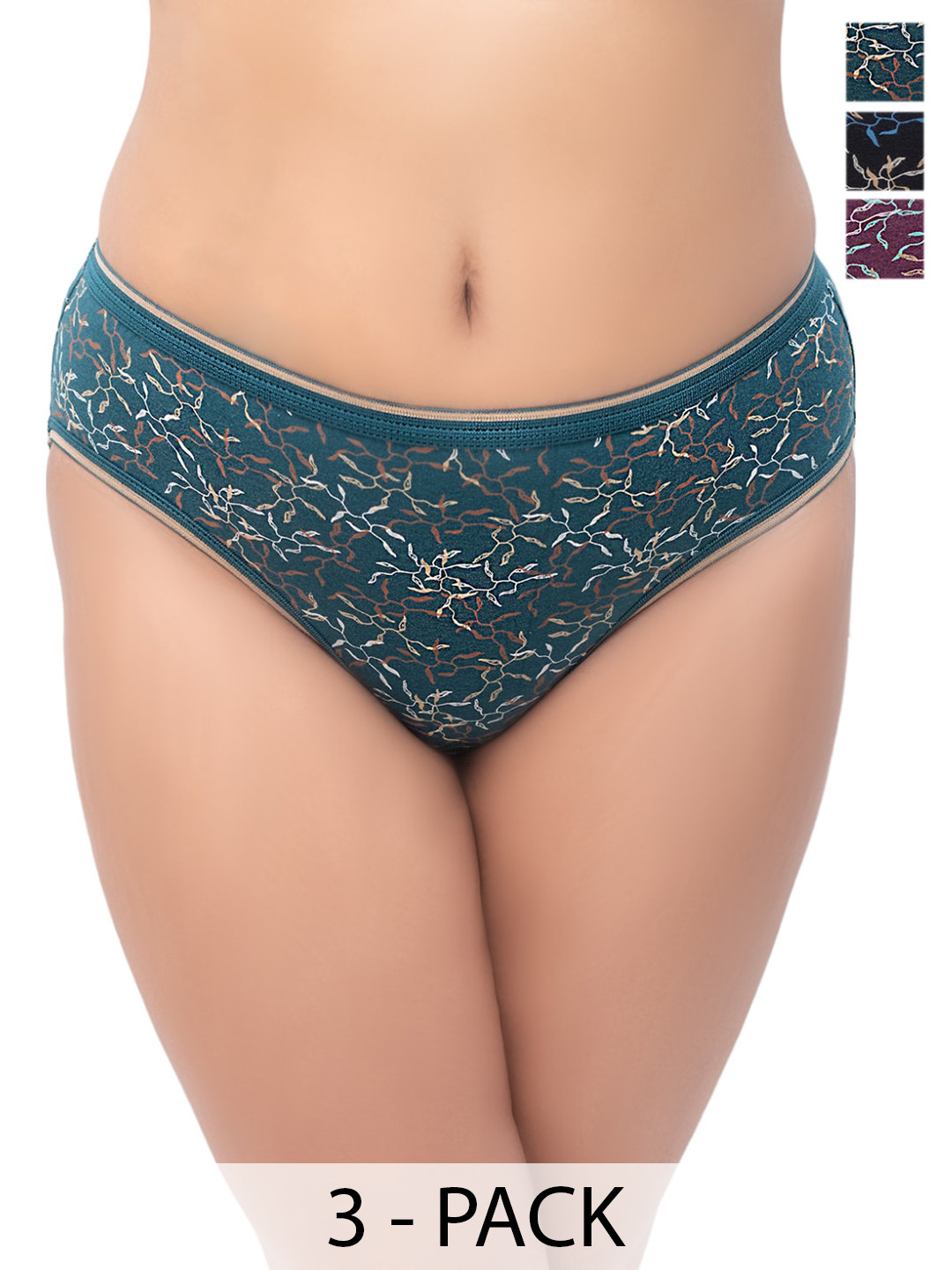 Foxy Pack Of 3 Anti-Odour Assorted Abstract Printed Pure Cotton Bikini Briefs