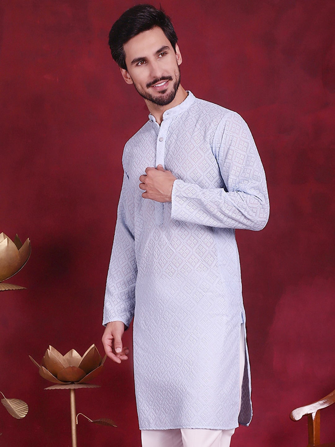 Jompers Geometric Embroidered Chikankari Band Collar Long Sleeve Collar Georgette Kurta