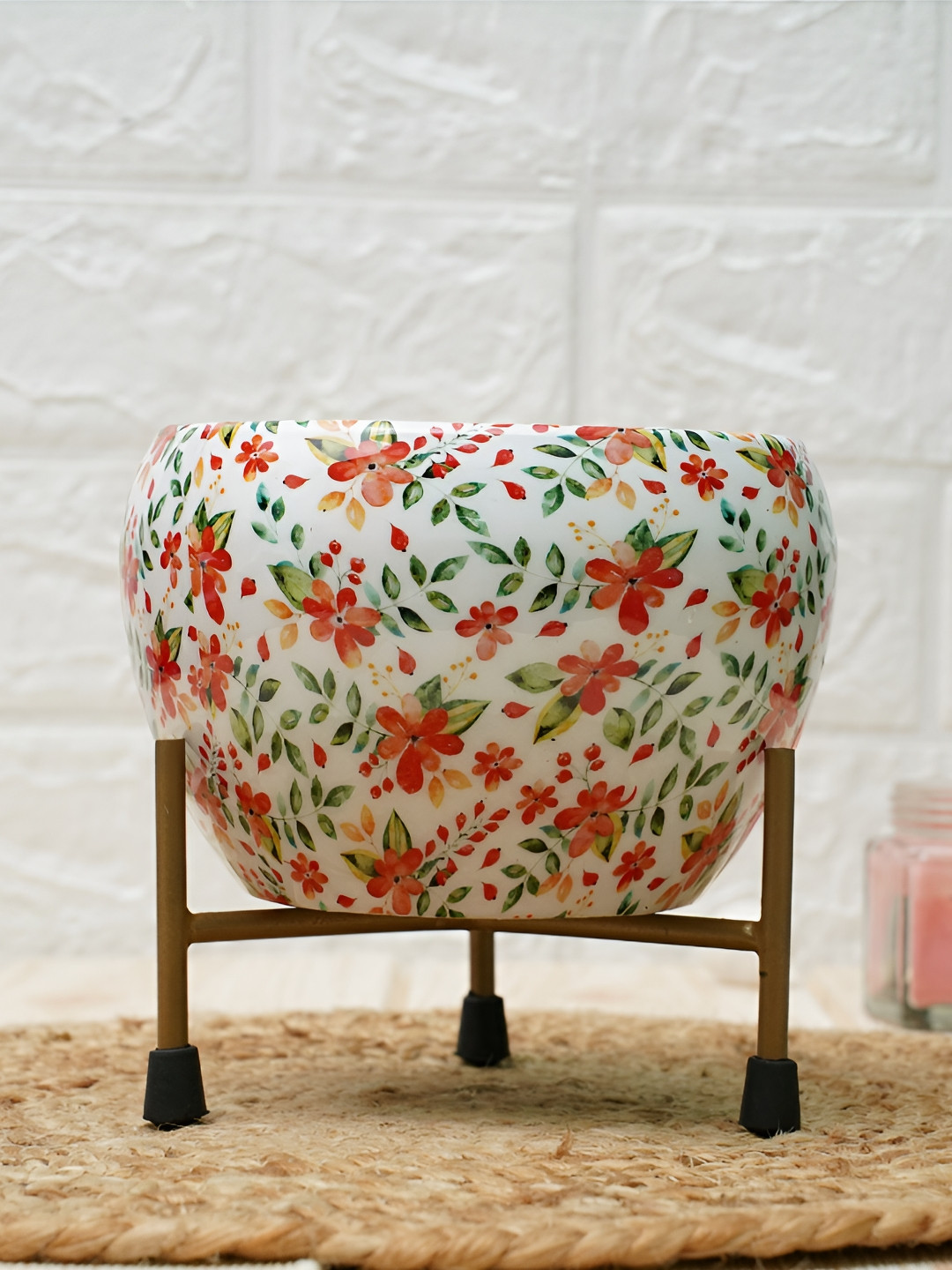 GOLD DUST Red & Green Floral Printed Metal Planter