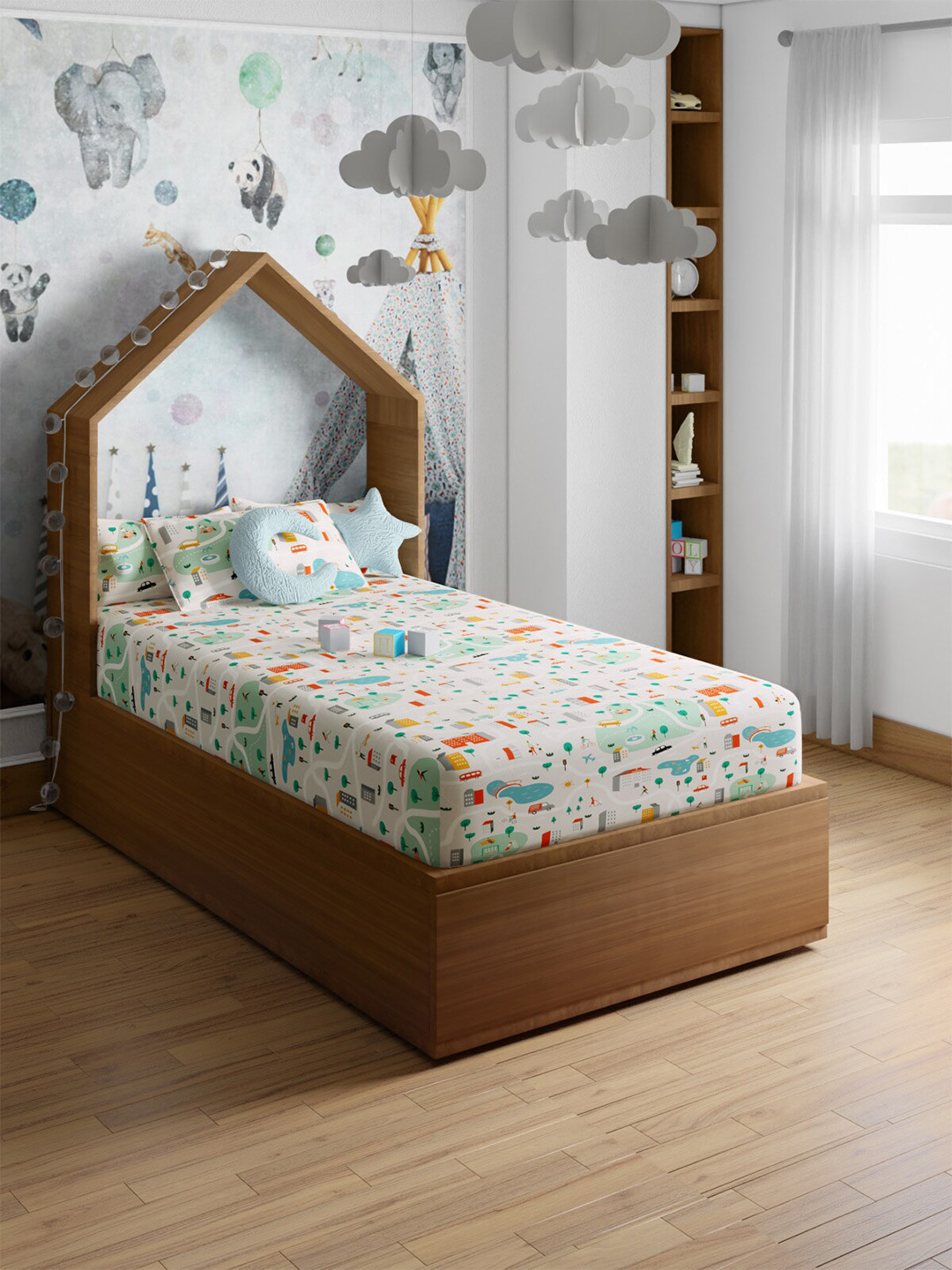 PETAL HOME White Conversational Pure Cotton Skin-Friendly 200 TC Single Fine Bedsheet with a Pillow Cover-87 x 60 inches
