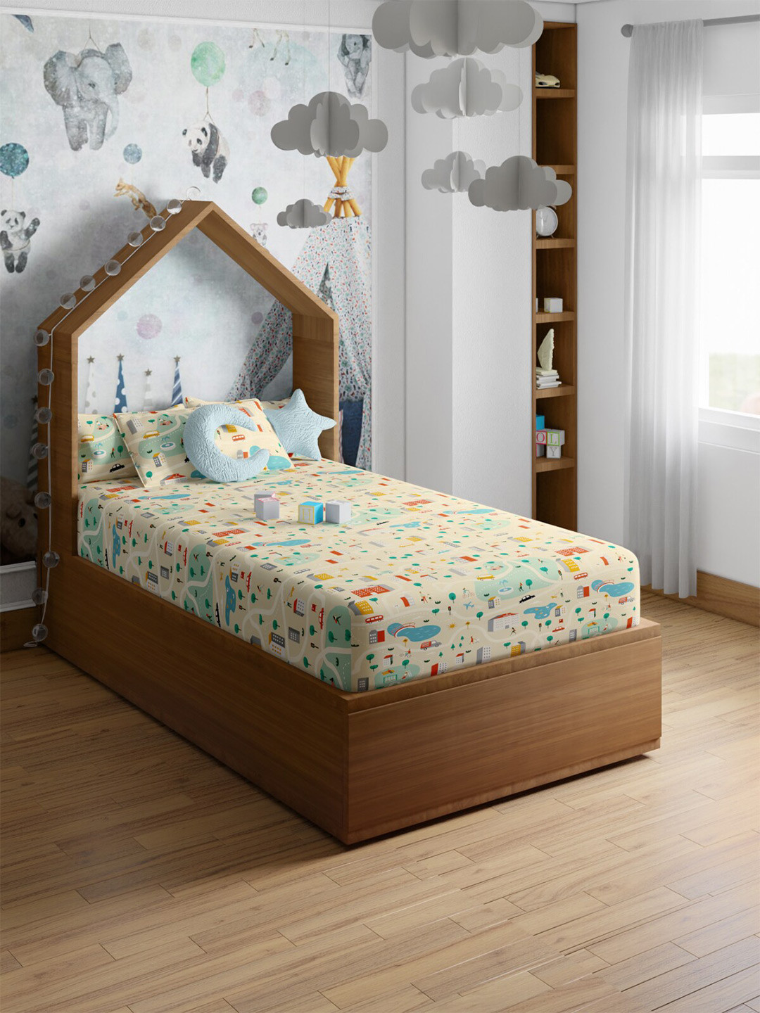 PETAL HOME Yellow Conversational Pure Cotton 200 TC Single Fine Bedsheet with a Pillow Cover-220 x 152 cm
