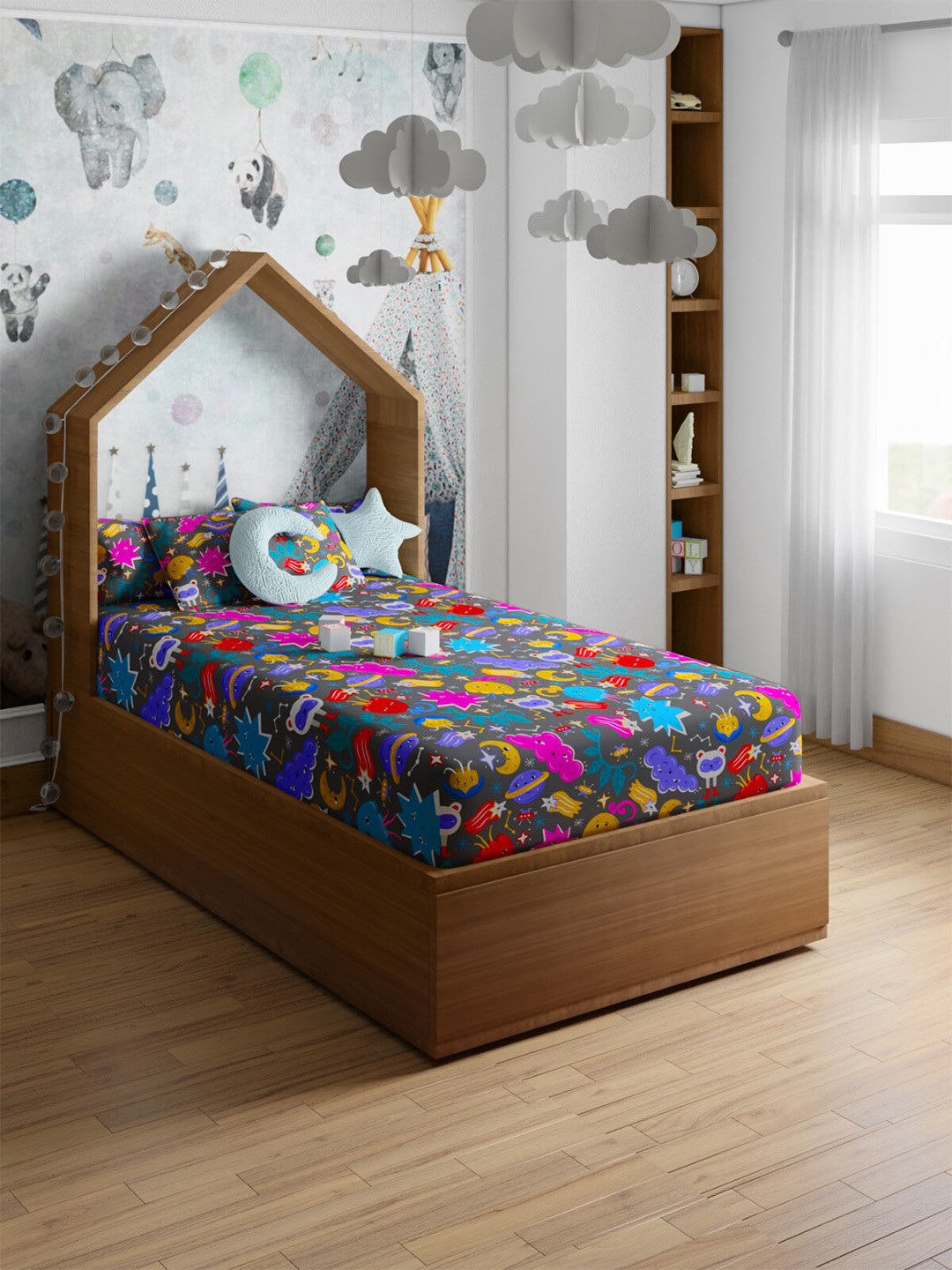 PETAL HOME Grey Conversational Pure Cotton Skin-Friendly 200 TC Single Fine Bedsheet with a Pillow Cover-87 x 60 inches