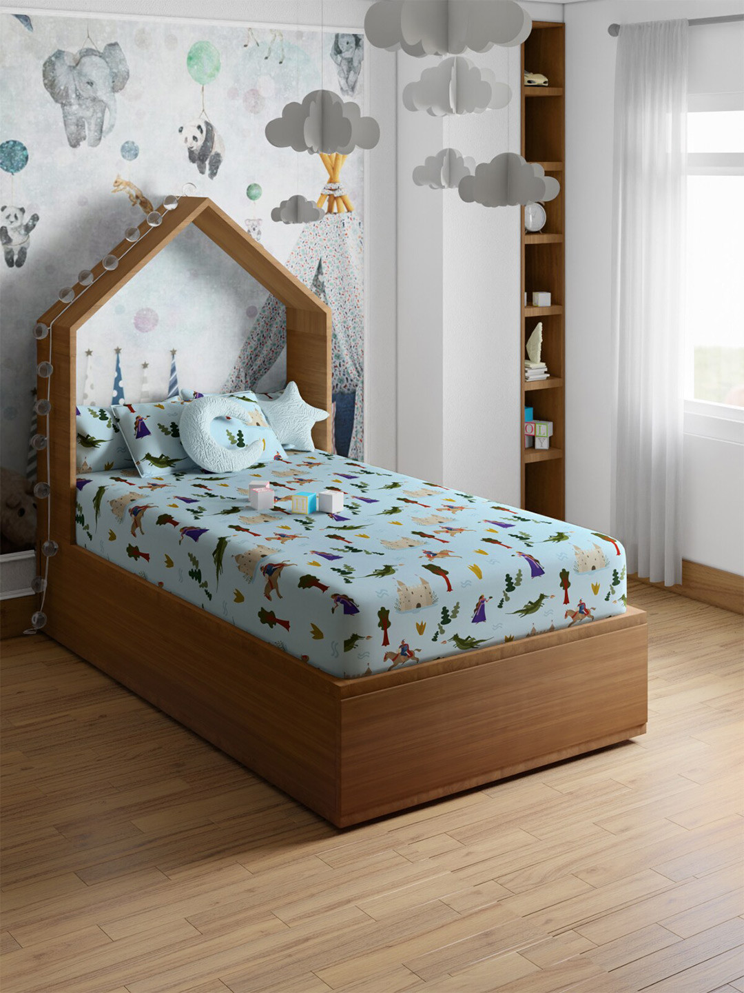 PETAL HOME Blue Cartoon Characters Pure Cotton Skin-Friendly 200 TC Fitted Single Fine Bedsheet with a Pillow Cover-87 x 60 inches