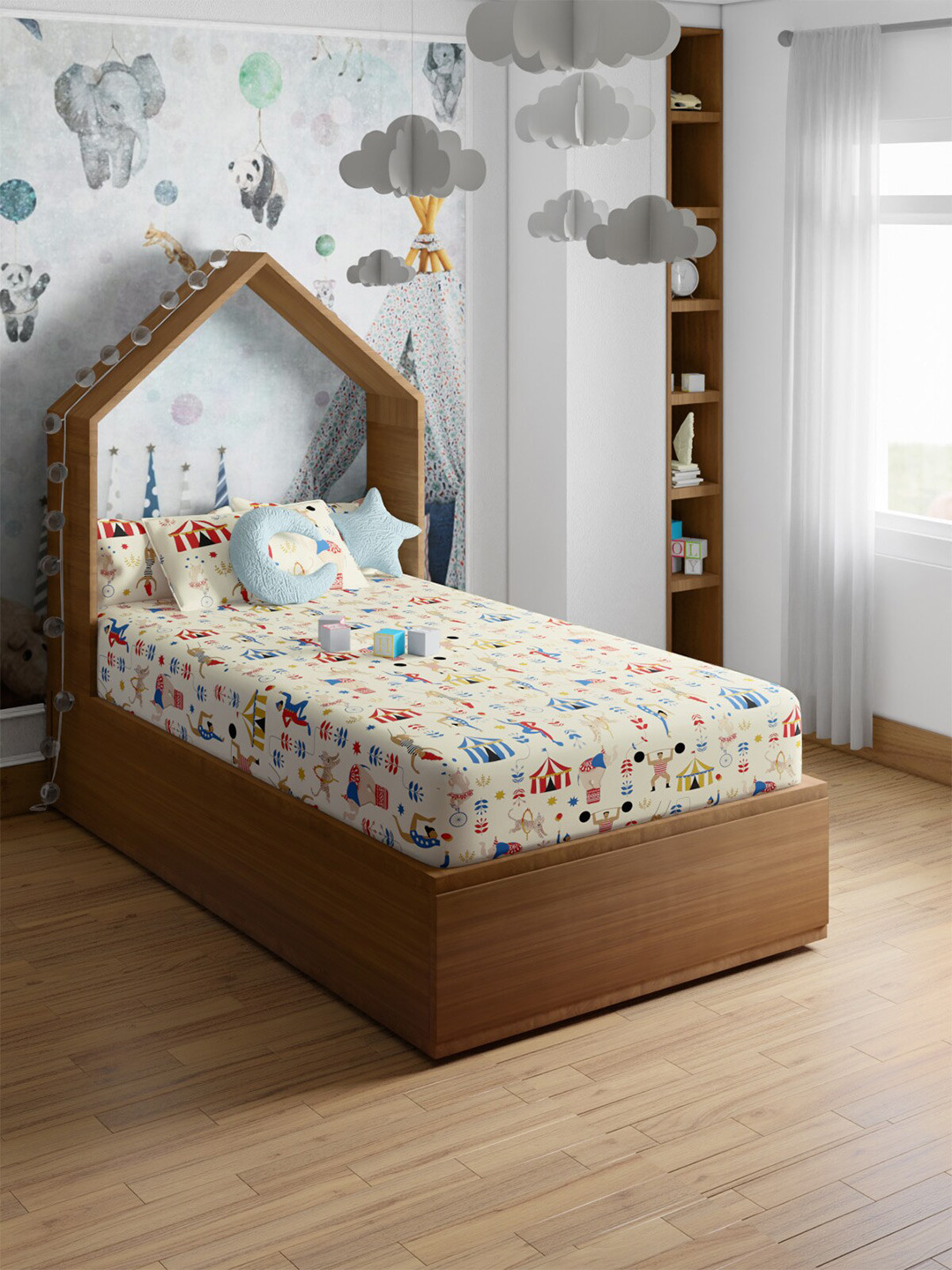 PETAL HOME Cream Conversational Cotton Skin-Friendly 200 TC Single Fine Bedsheet with a Pillow Cover-87 x 60 inches