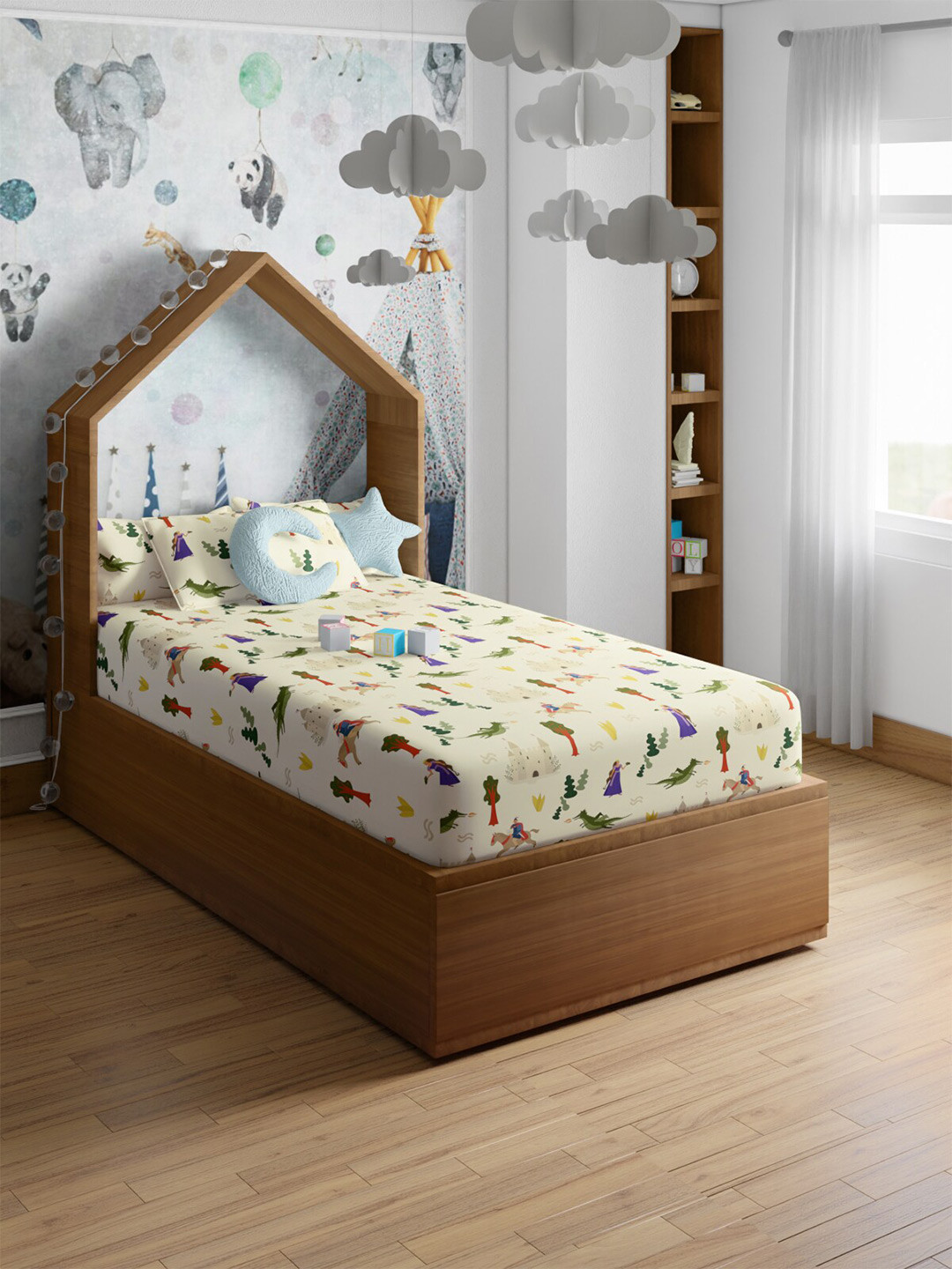 PETAL HOME Cream Conversational Pure Cotton Skin-Friendly 200 TC Single Fine Bedsheet with a Pillow Cover-87 x 60 inches