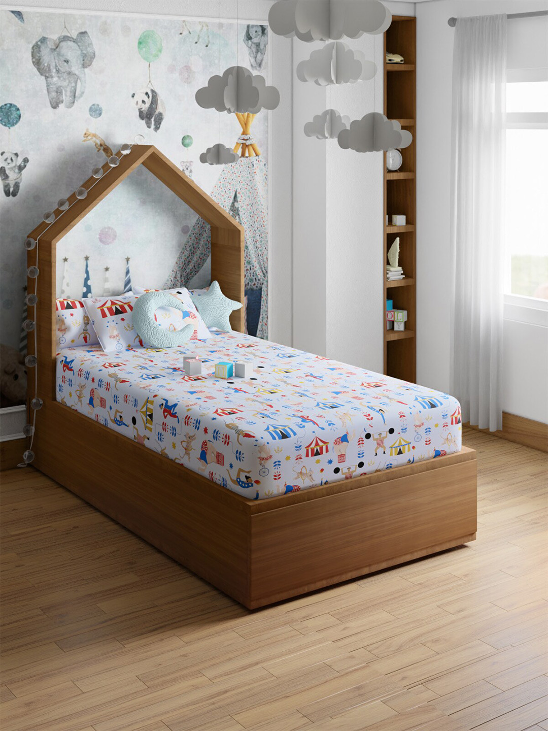 PETAL HOME Blue Conversational Pure Cotton 200 TC Fitted Single Fine Bedsheet with a Pillow Cover-87 x 60 inches